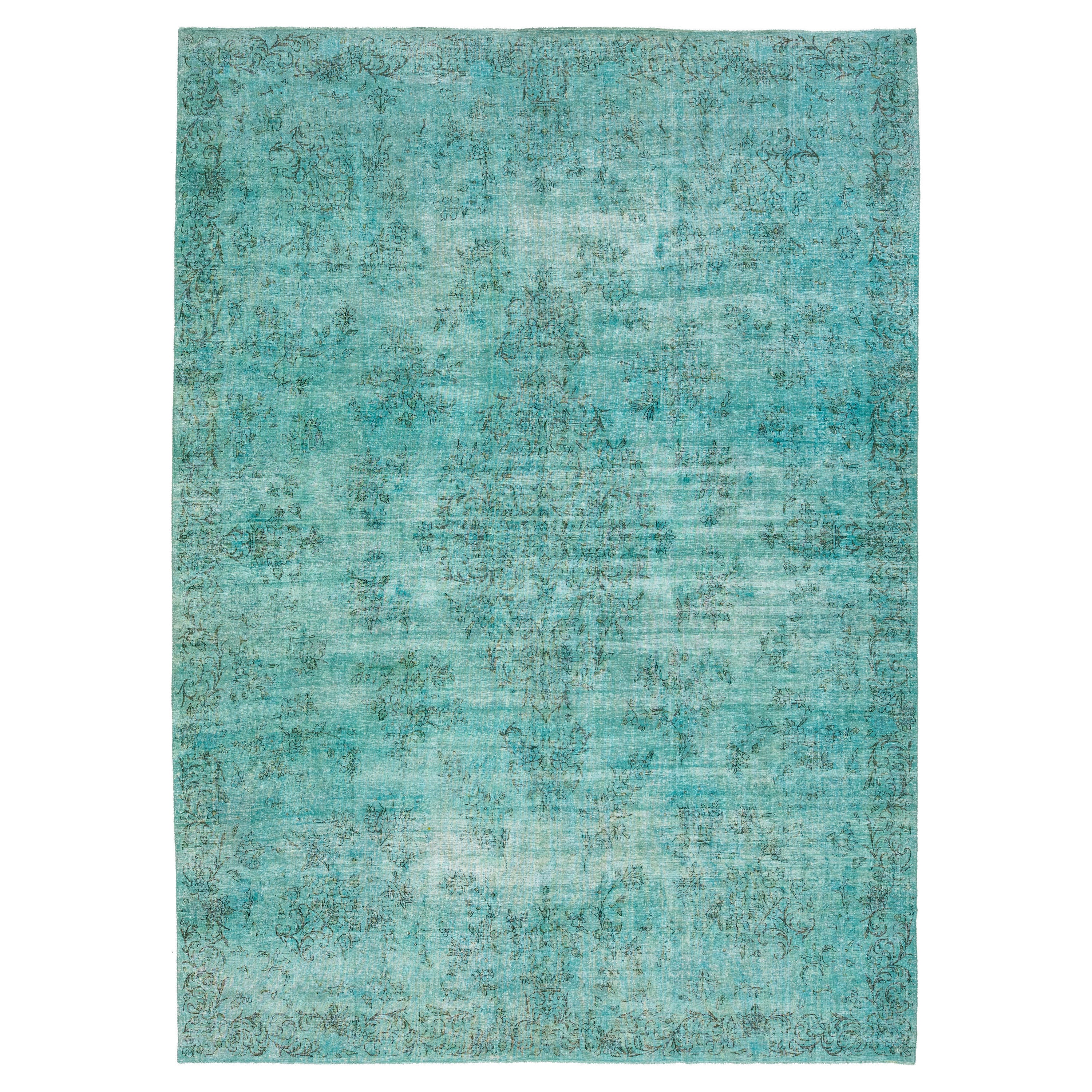 Allove Designed Antique Wool Rug Overdyed In Turquoise Color For Sale