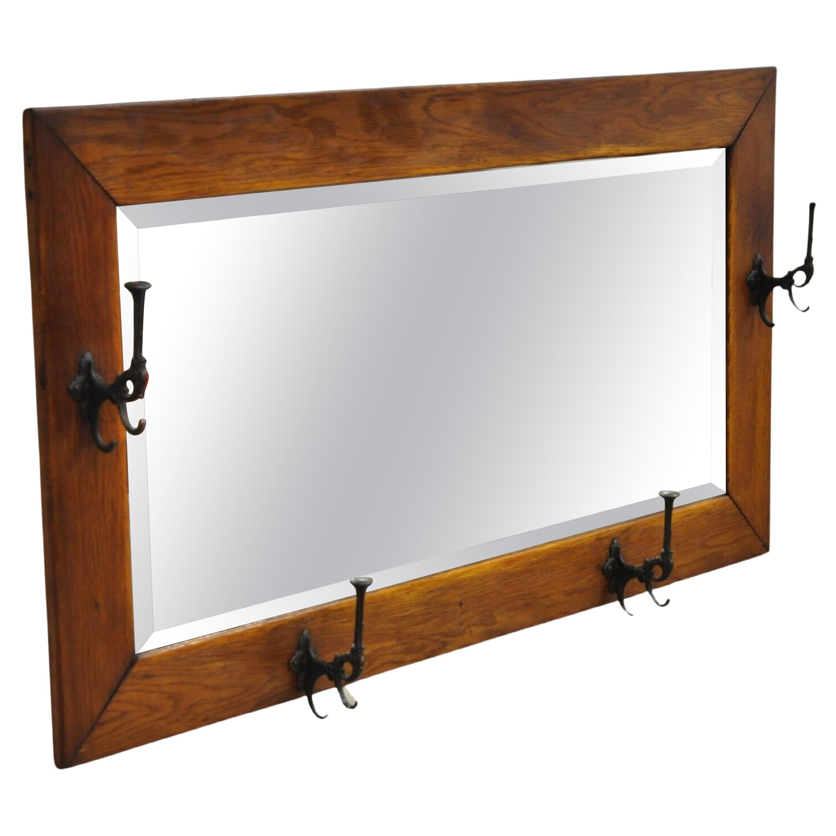 Antique Mission Arts & Crafts Oak Wood Beveled Glass Hall Mirror Iron Coat Hooks For Sale