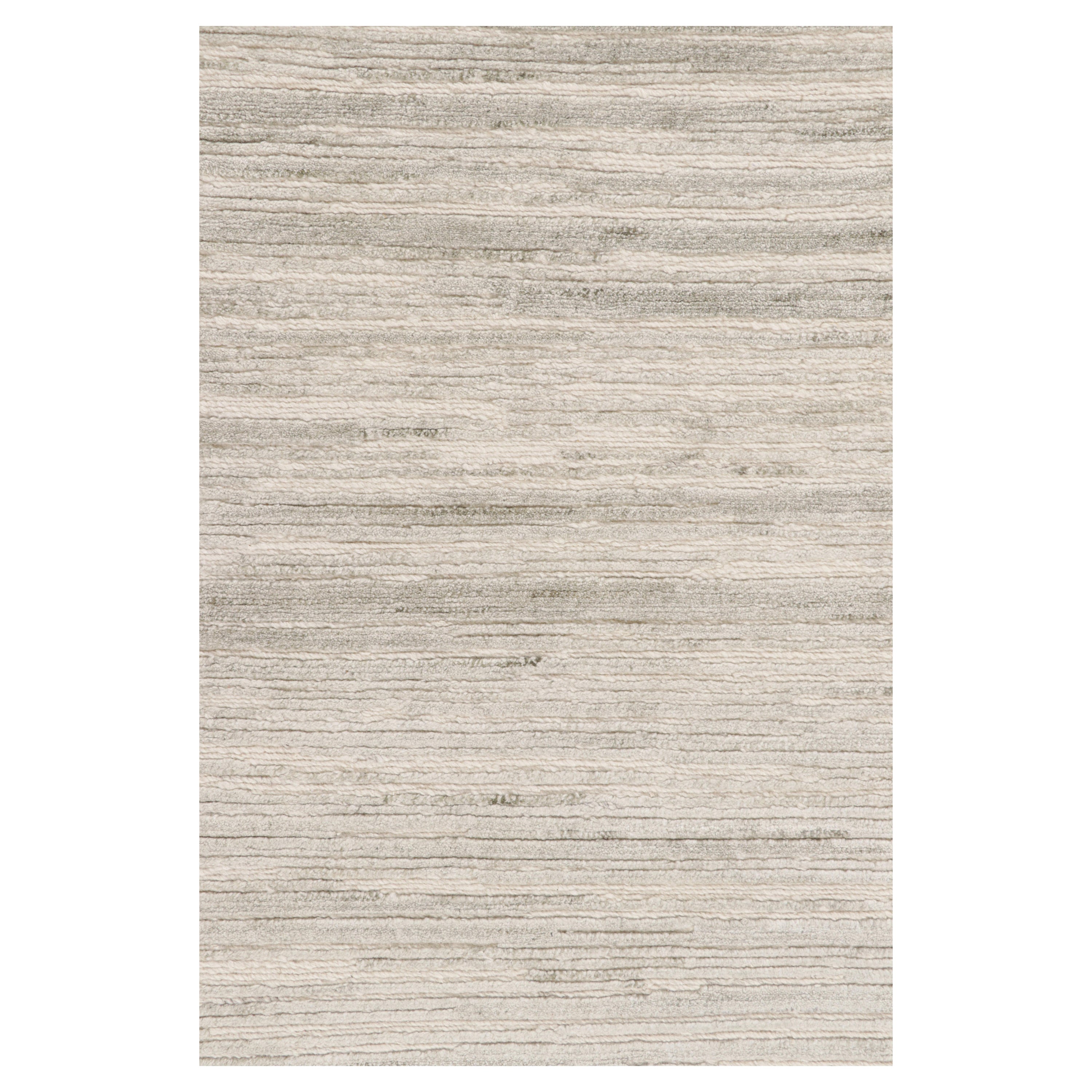 Rug & Kilim’s Textural Rug in White and Cream-Gray Abstract High-Low Stripes For Sale