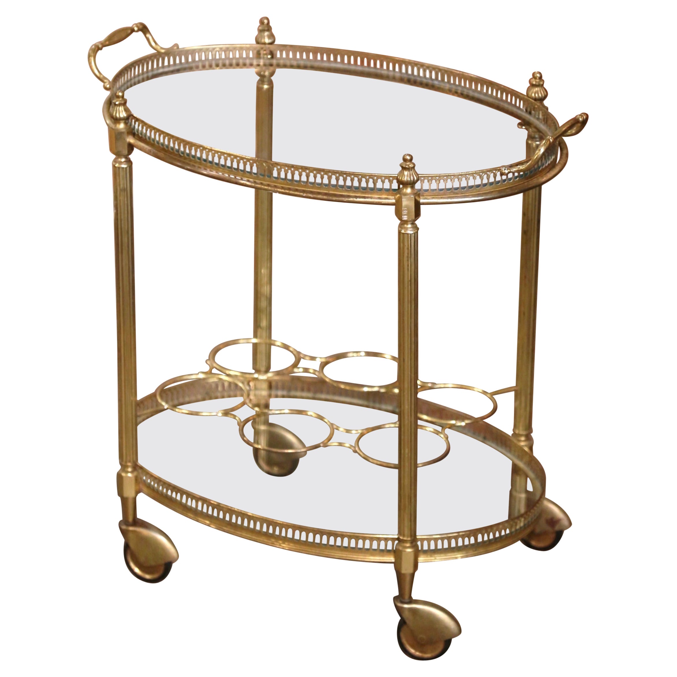 Mid-Century French Gilt Brass Oval Two-Tier Service Trolley Bar Cart on Castors
