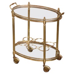 Retro Mid-Century French Gilt Brass Oval Two-Tier Service Trolley Bar Cart on Castors