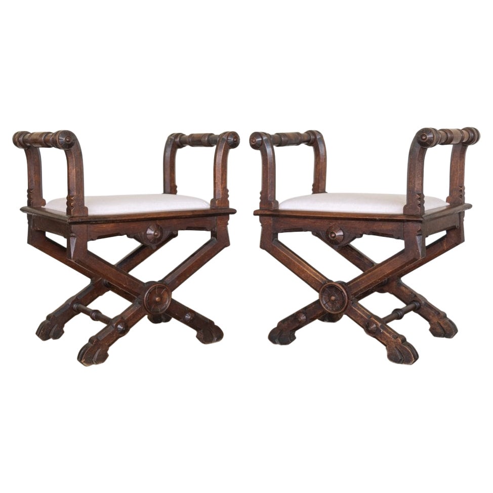 Pair of French Carved Wood and Linen Stools For Sale