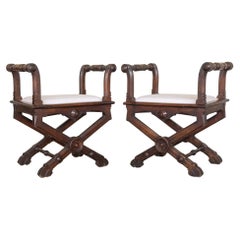 Antique Pair of French Carved Wood and Linen Stools