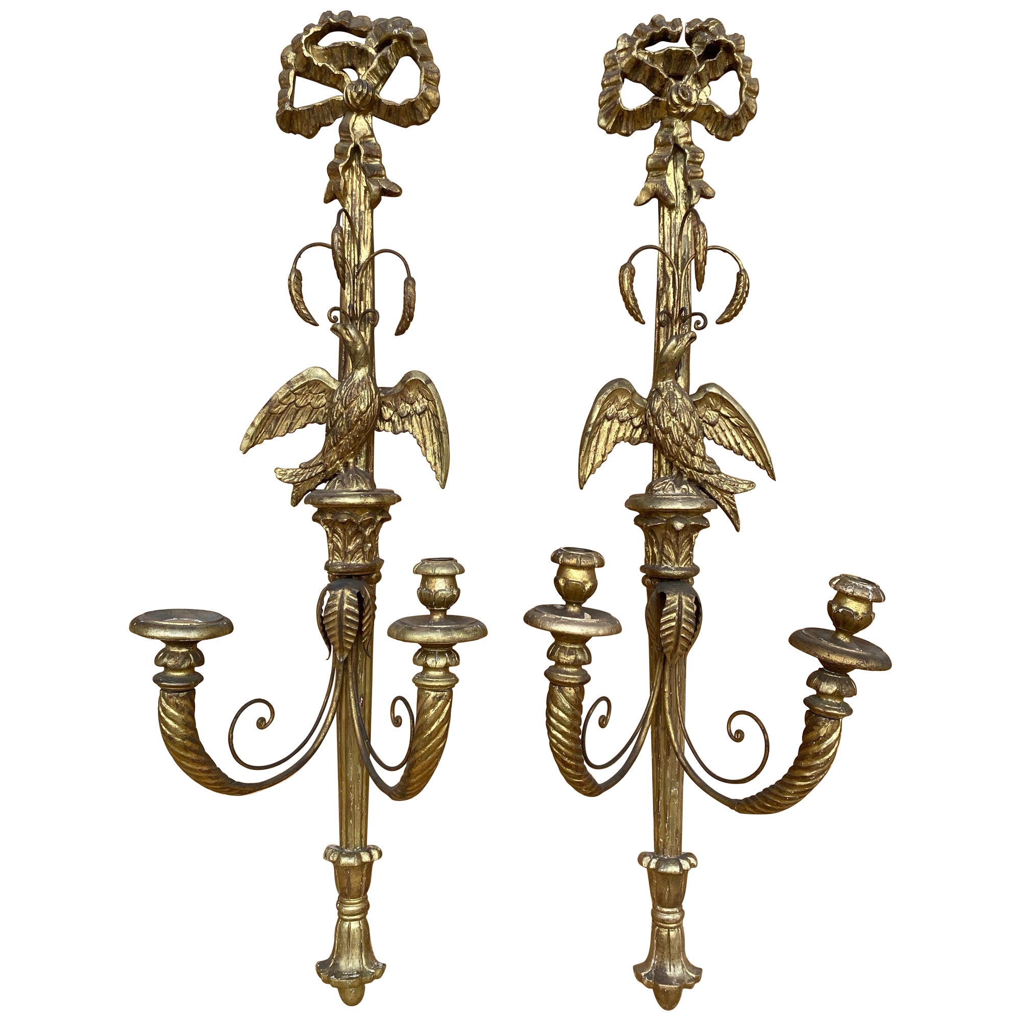 Antique Italian Federal Style Carved Gold Gilded  Candle Wall Sconce - Pair For Sale