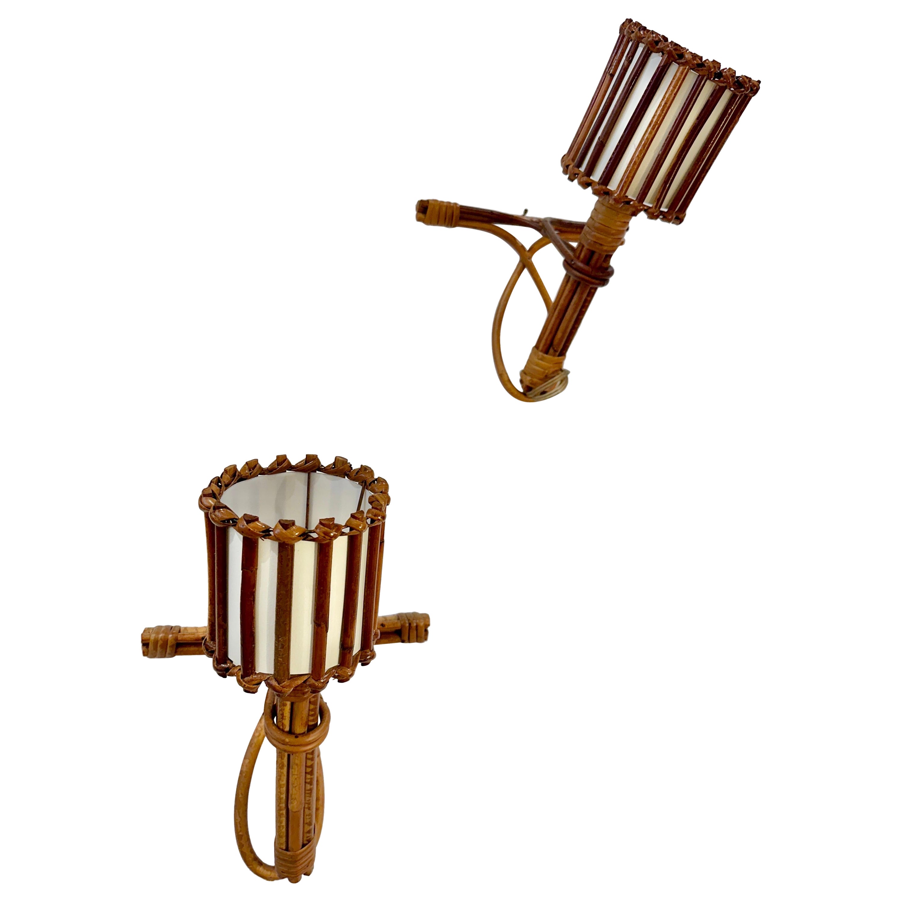 Louis Sognot Original 1950's French Rattan Wall Sconces, Pair For Sale