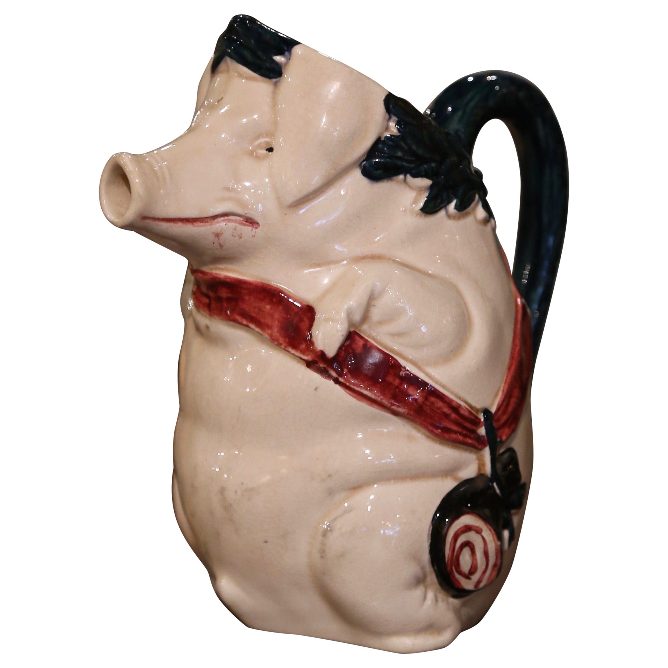 Early 20th Century French Painted Ceramic Barbotine Pig Pitcher Signed Orchies For Sale