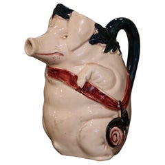 Early 20th Century French Painted Ceramic Barbotine Pig Pitcher Signed Orchies