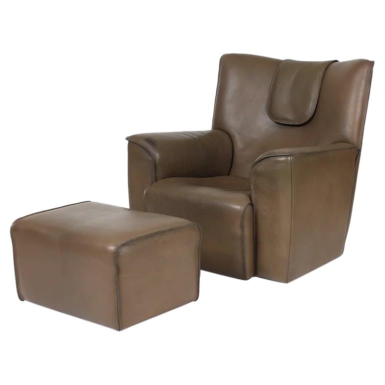 1970s De Sede Lounge Chair and Ottoman in Thick Leather For Sale