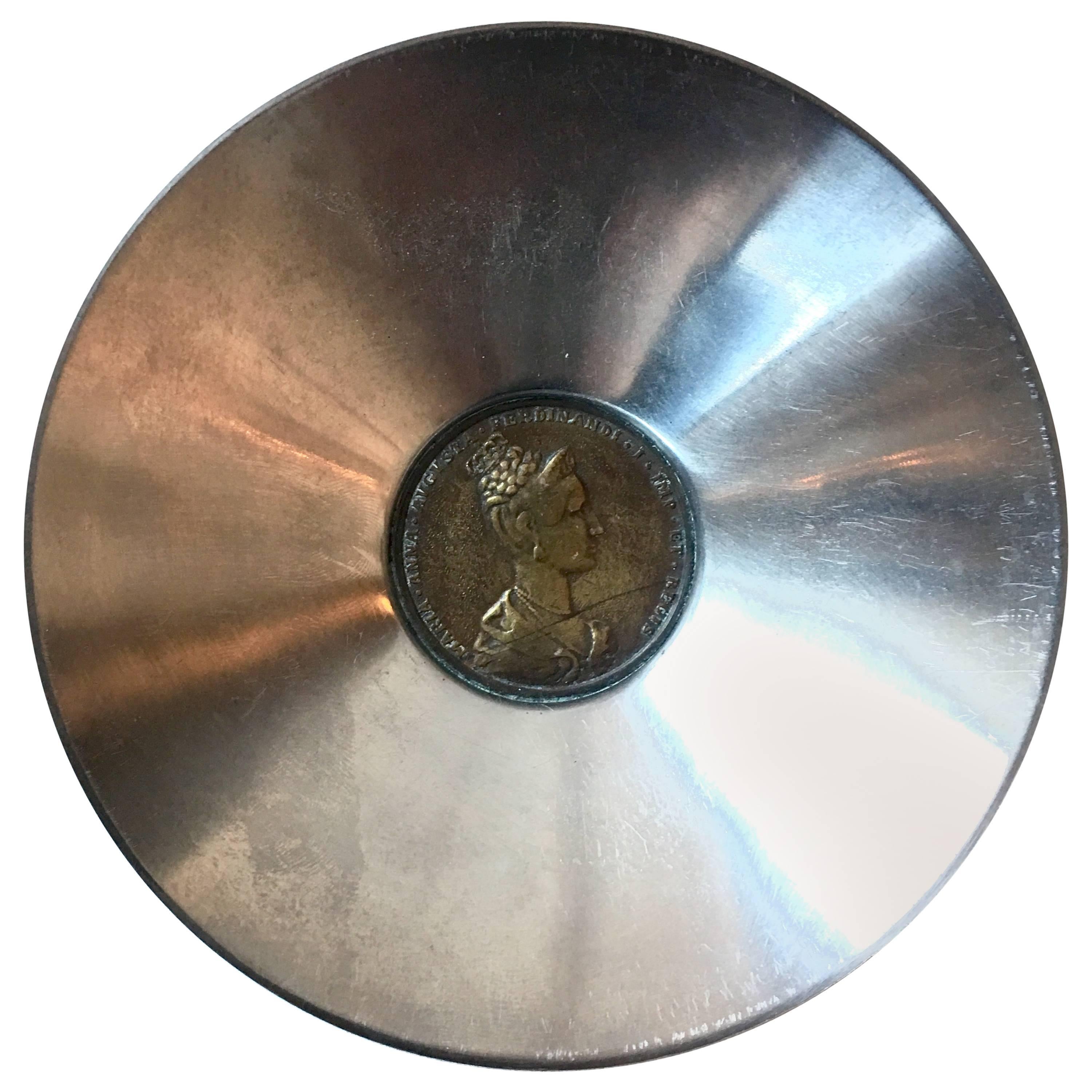 Italian Metal Bowl with Large Coin Base For Sale