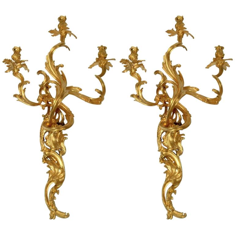 Gilt Bronze Louis XV Style Three-Light Wall Sconces, Pair For Sale