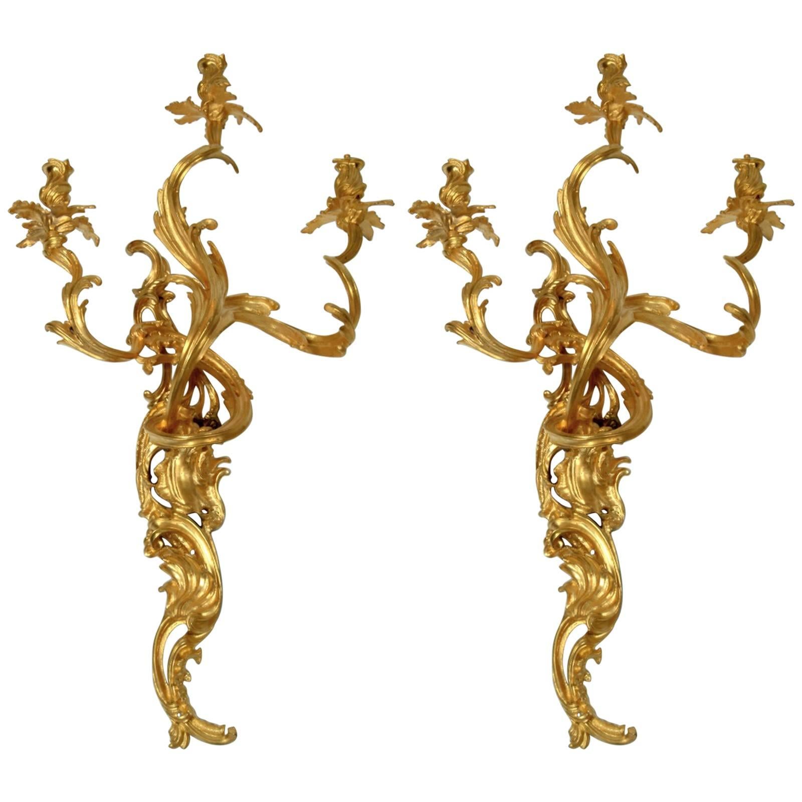 Gilt Bronze Louis XV Style Three-Light Wall Sconces, Pair For Sale