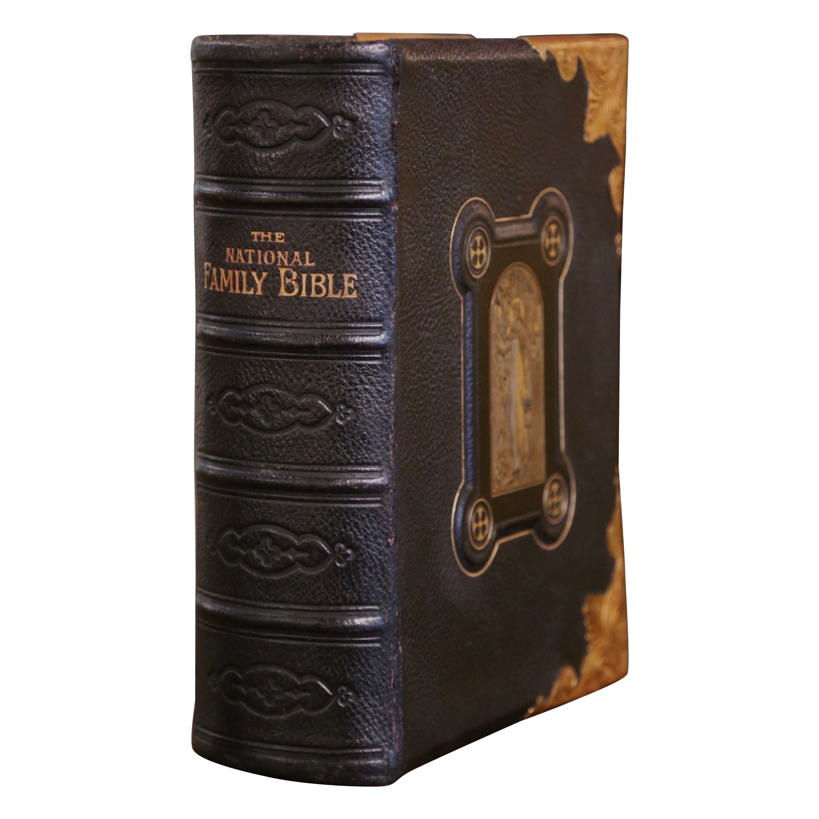19th Century English Leather Bound and Brass Locks National Family Holy Bible For Sale