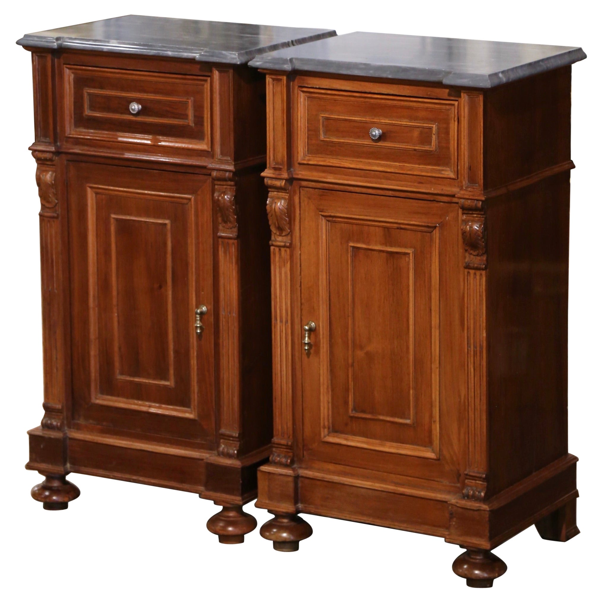 Pair of 19th Century Italian Louis Philippe Grey Marble Top Walnut Nightstands For Sale