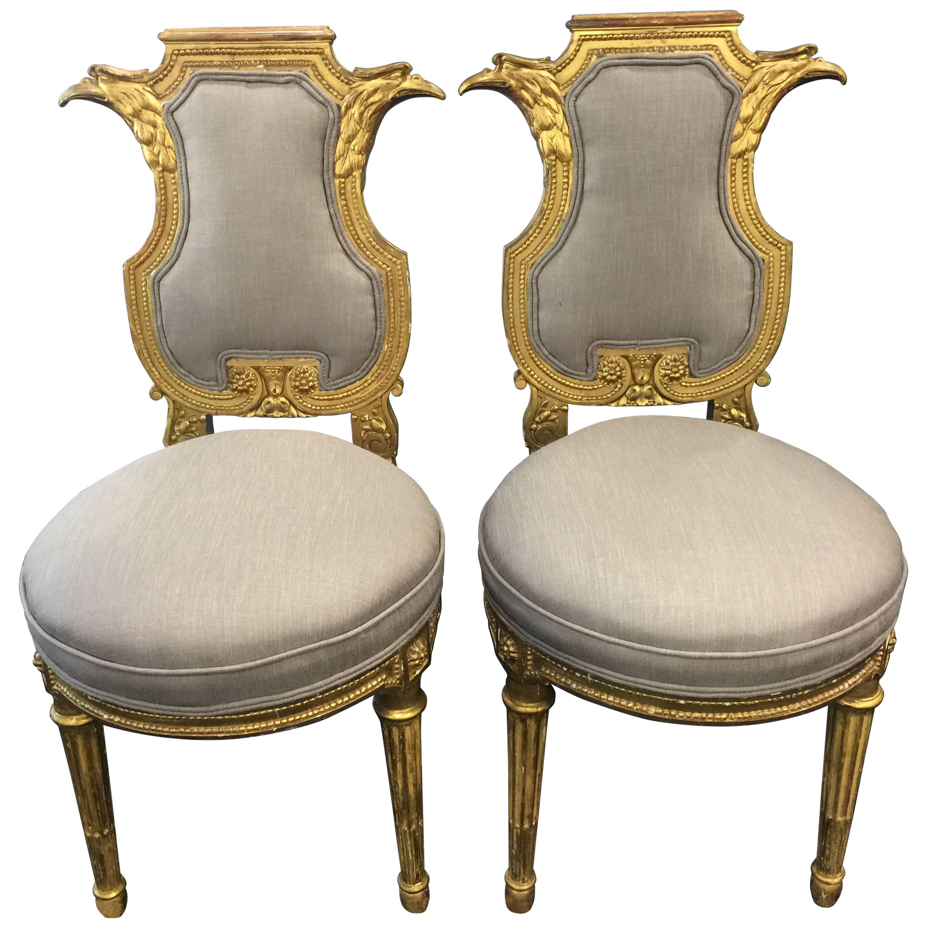 Pair of Louis XVI Giltwood Lyre Chairs
