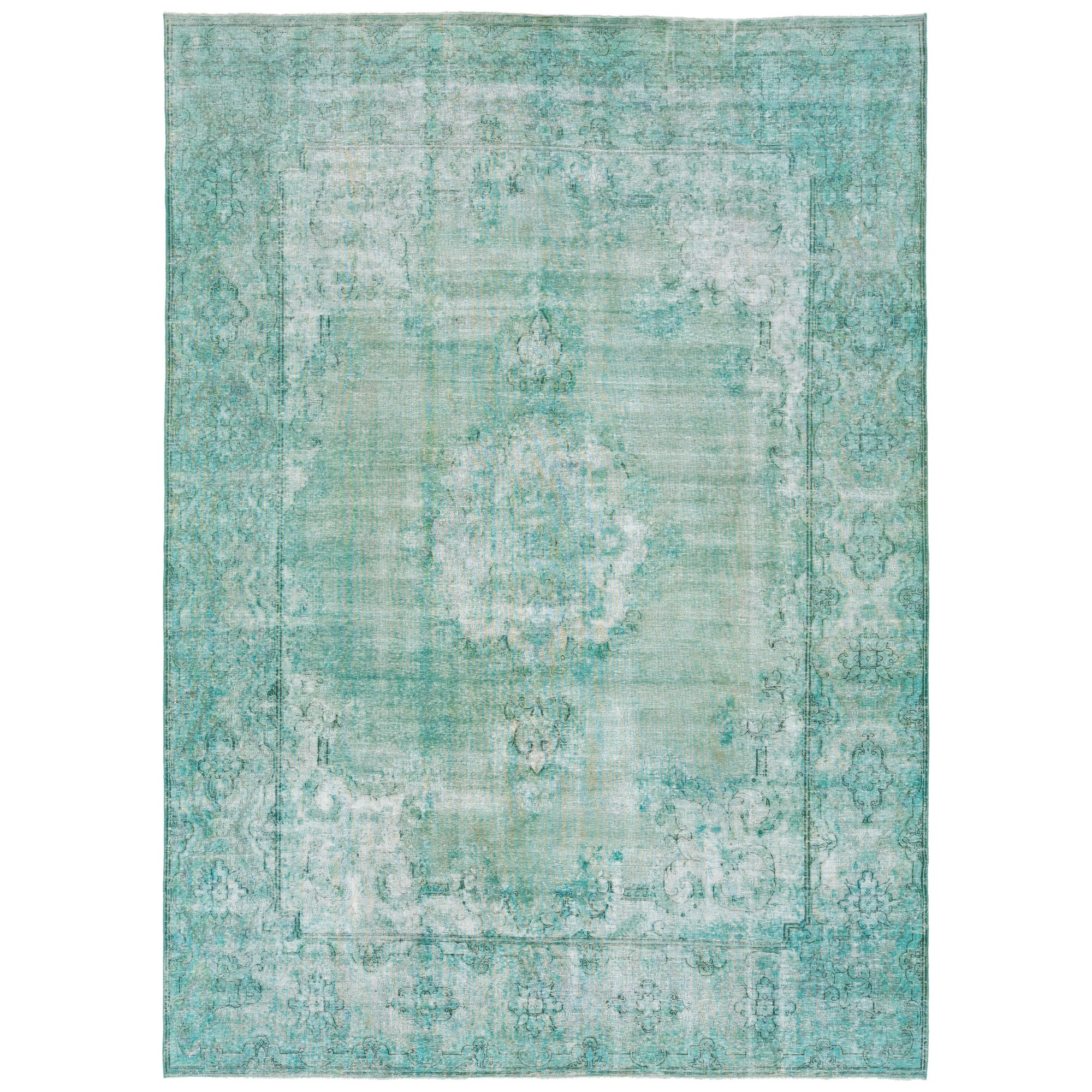  Antique Overdyed Wool Rug With Allover Motif In Light Green For Sale