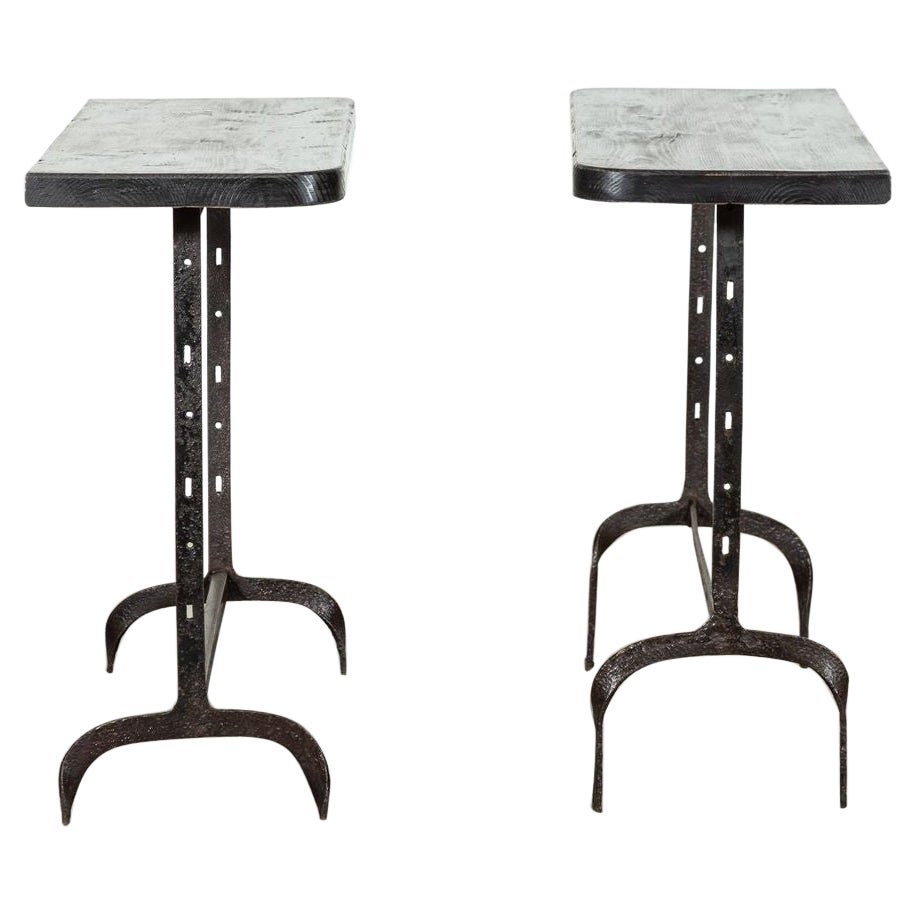 Pair English Wrought Iron Pine Console Tables For Sale