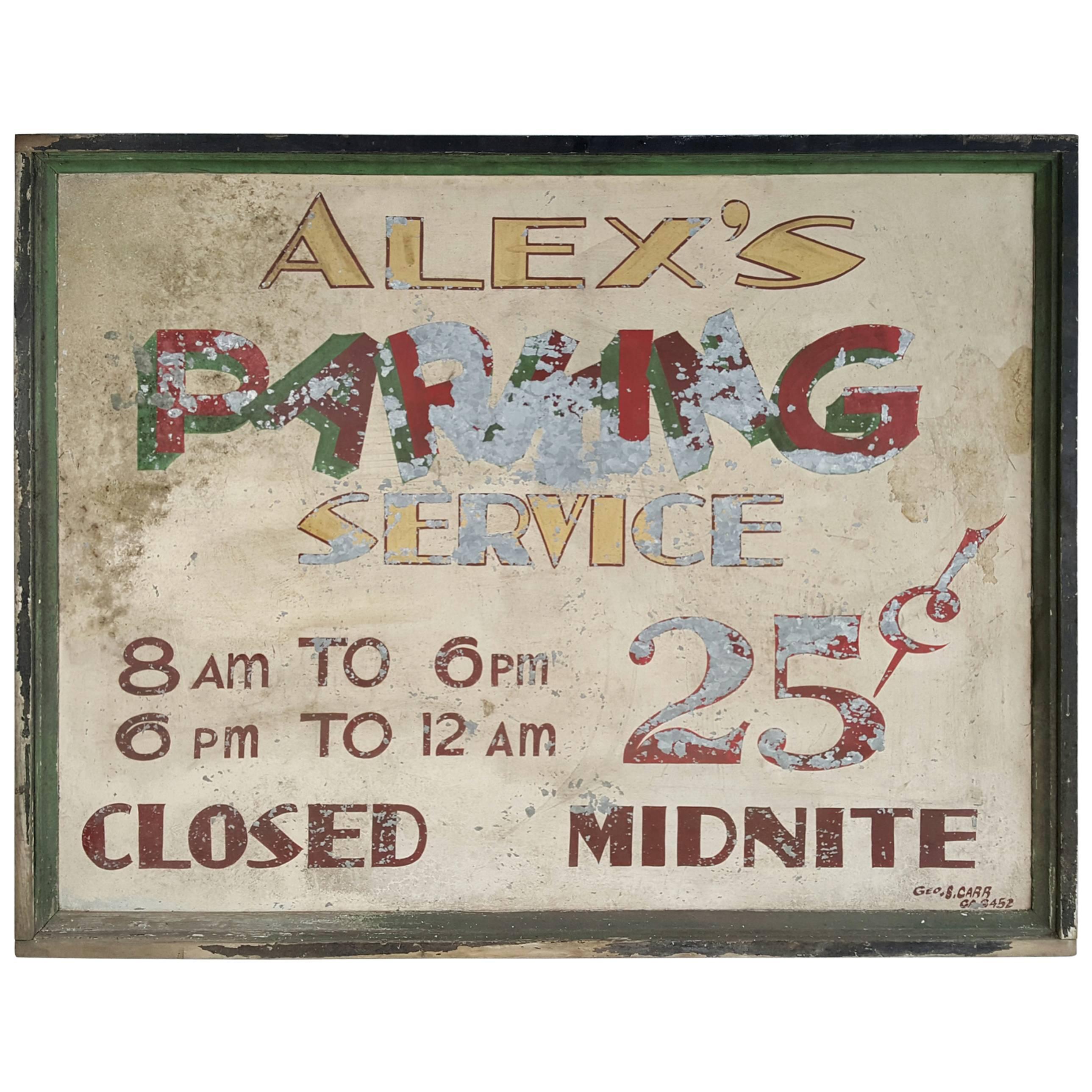Large Antique Metal Sign, "Alex's Parking Service" Hand-Painted