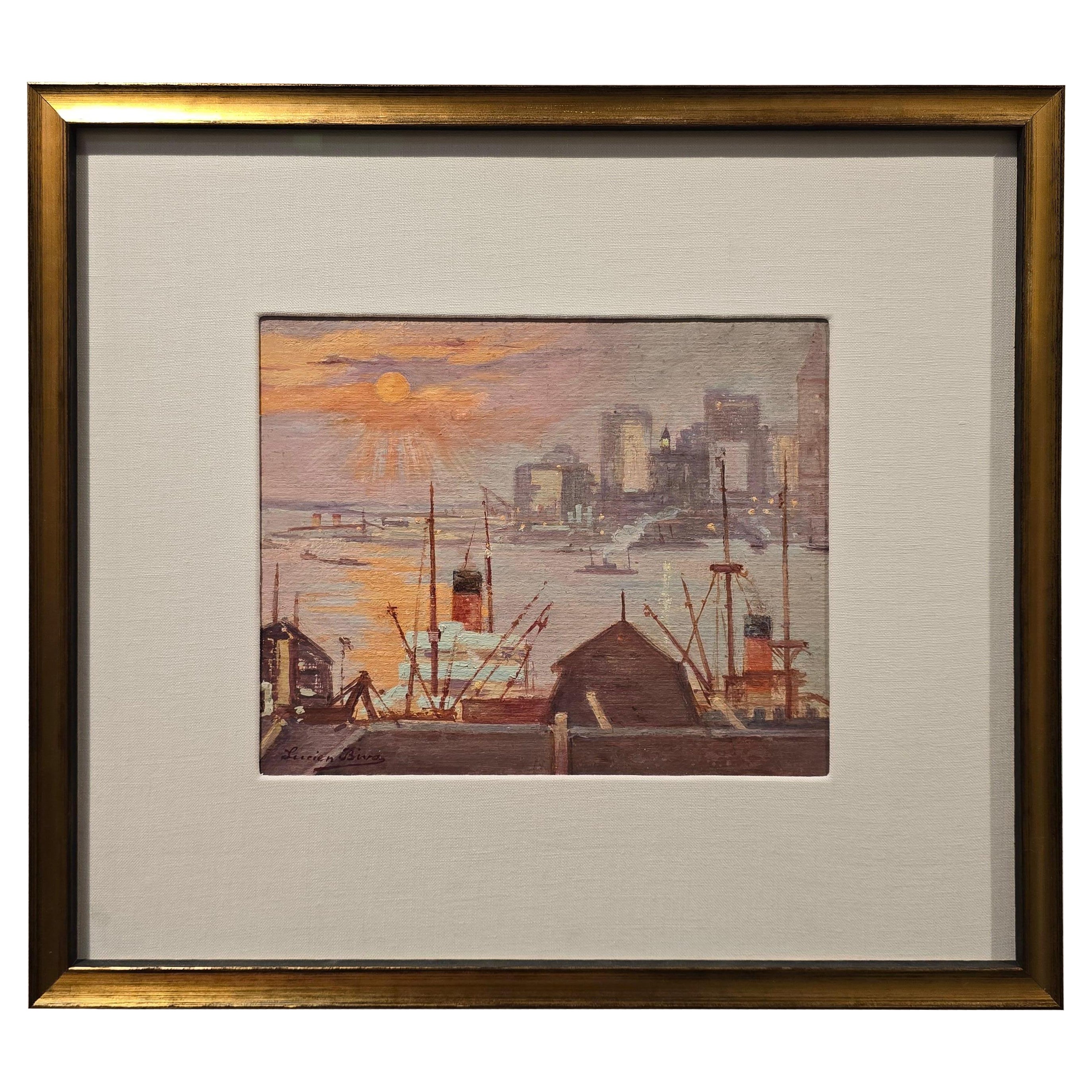 Lucien Biva New York Harbor Marine Oil Painting 1920s For Sale