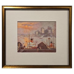 Peinture à l'huile de Lucien Biva New York Harbor Marine des années 1920