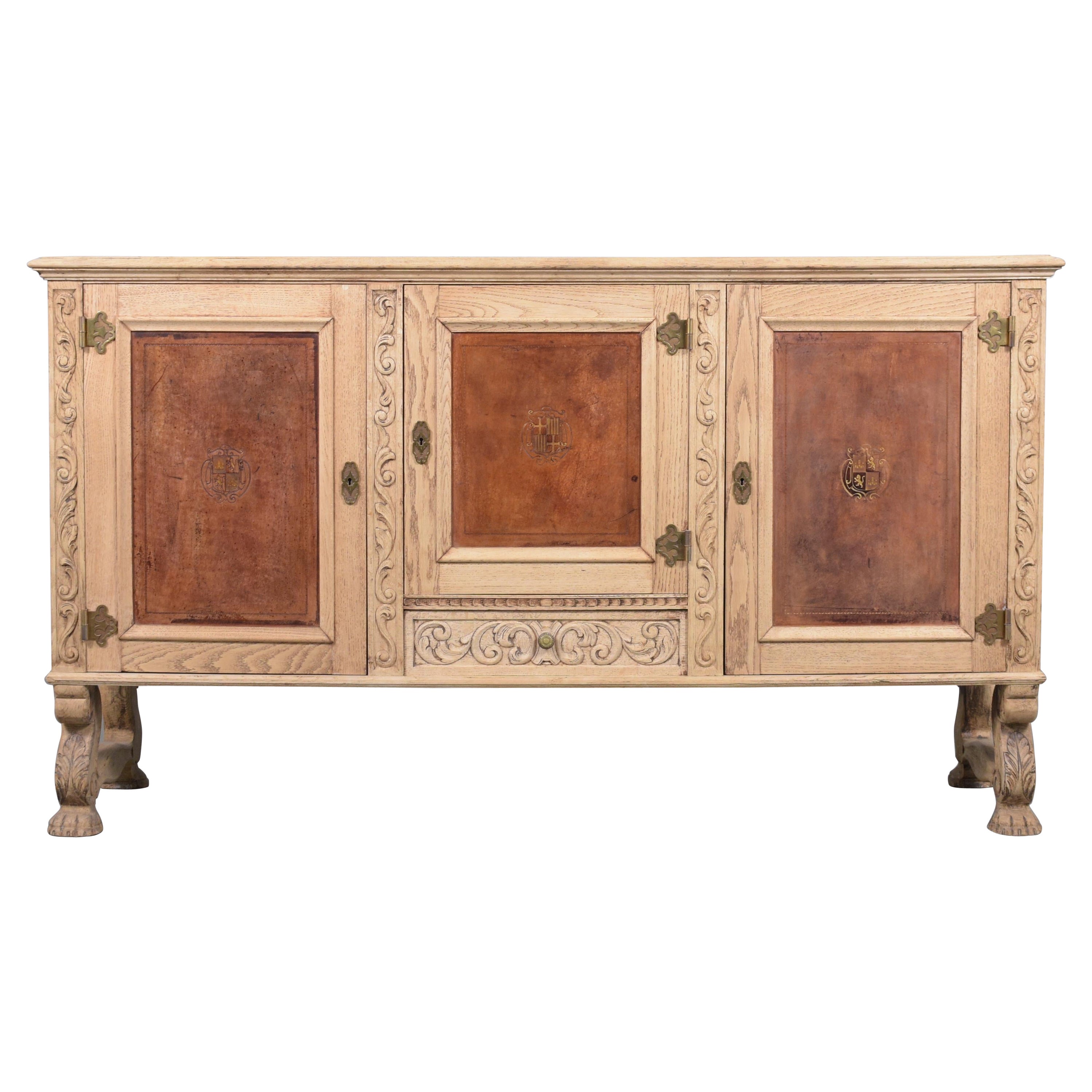 Antique French Oak Buffet with Bleached Finish and Carved Details For Sale