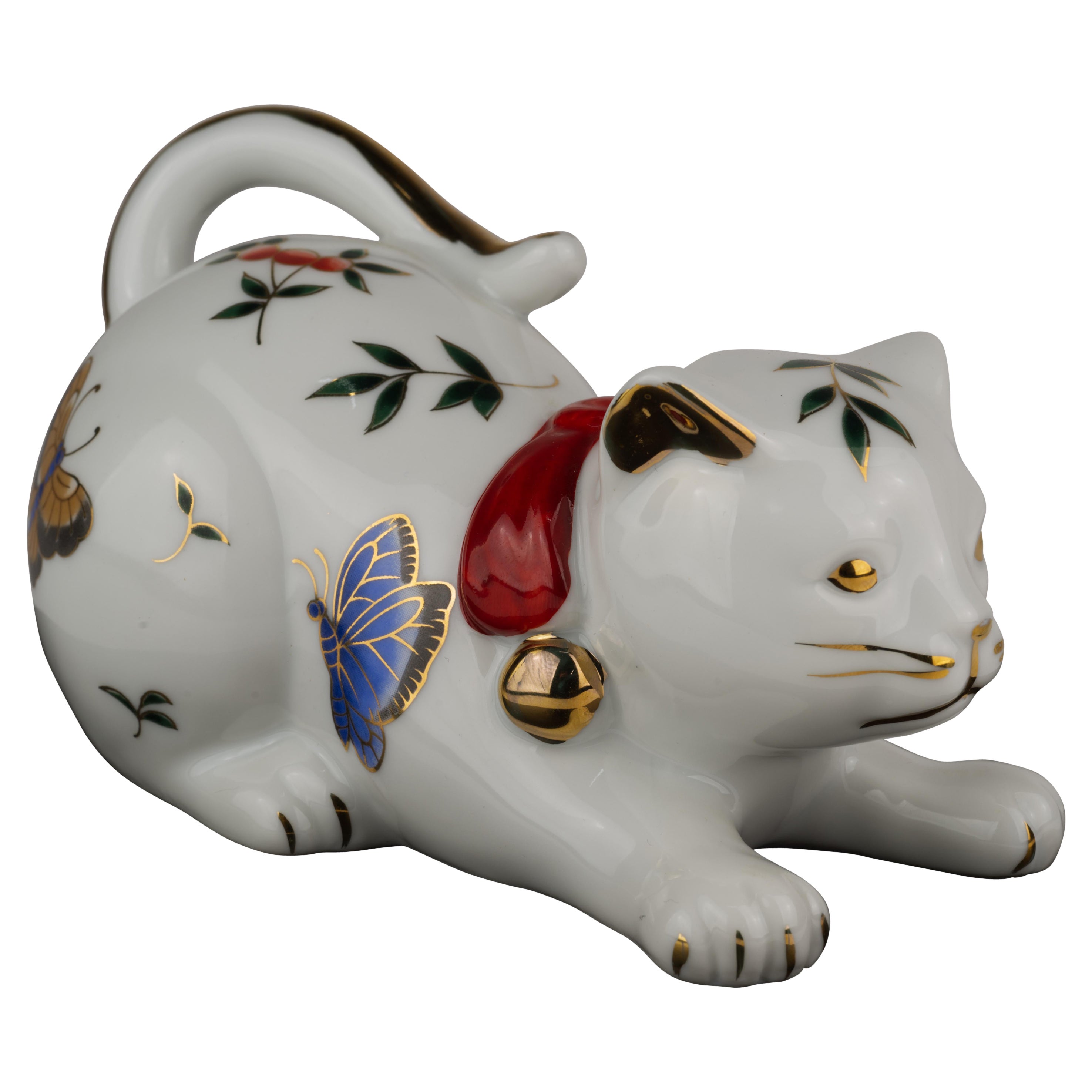 Takahashi Porcelain Playing Cat Figurine Hand-decorated with Butterflies For Sale