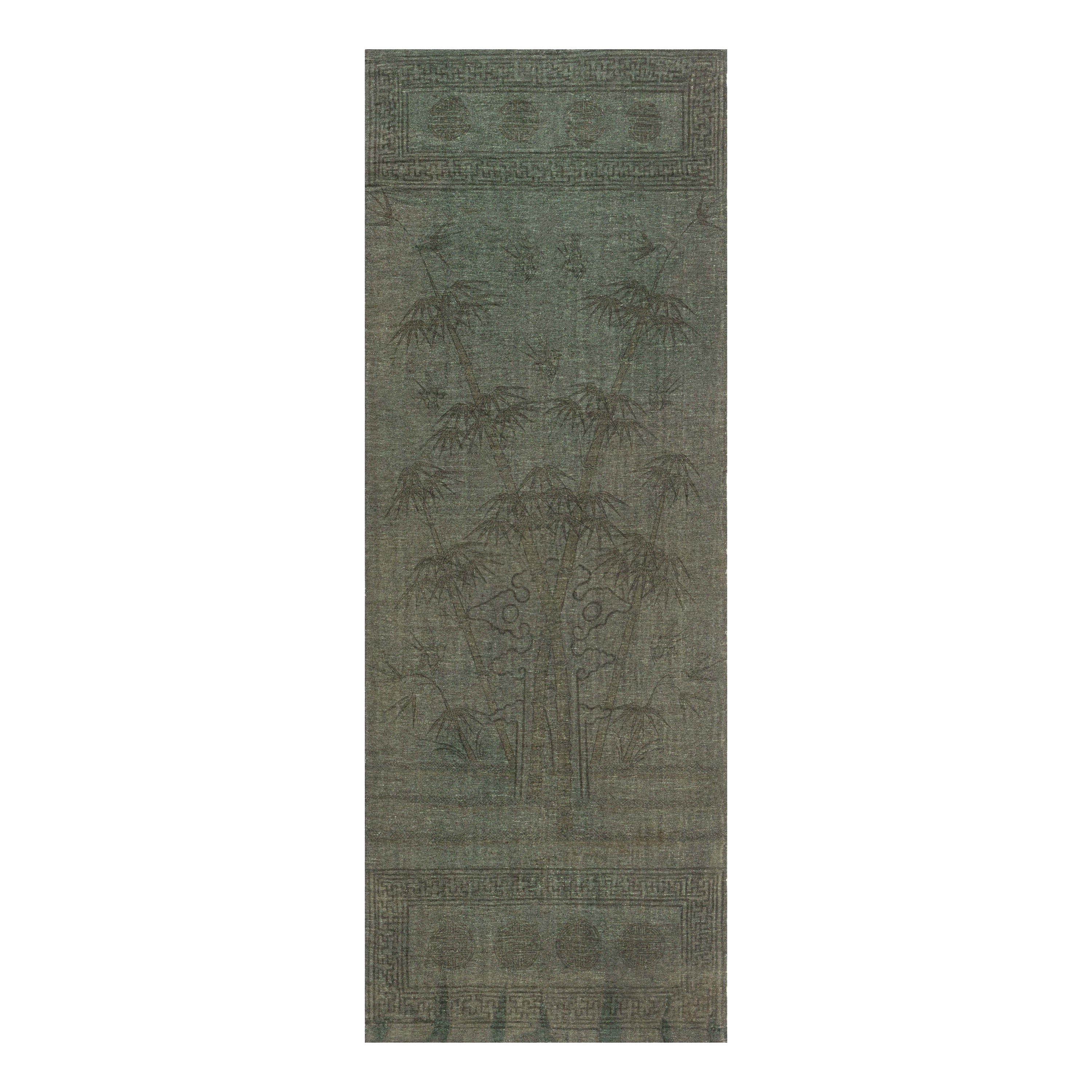 Antique Kilim with Bamboo Design in Green and Brown Runner For Sale