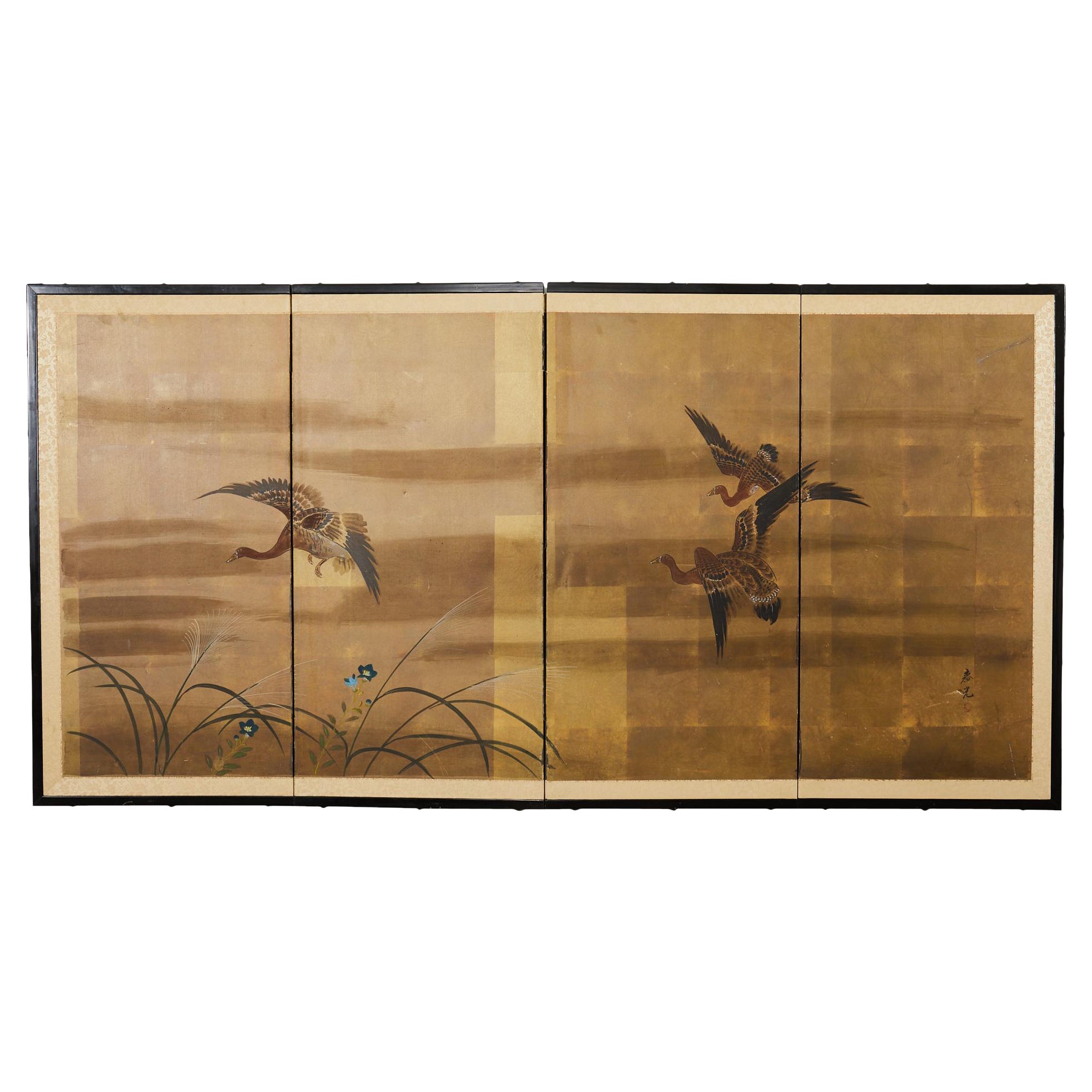 Japanese Showa Four Panel Screen Wild Geese in Flight For Sale