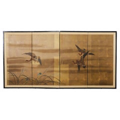 Vintage Japanese Showa Four Panel Screen Wild Geese in Flight