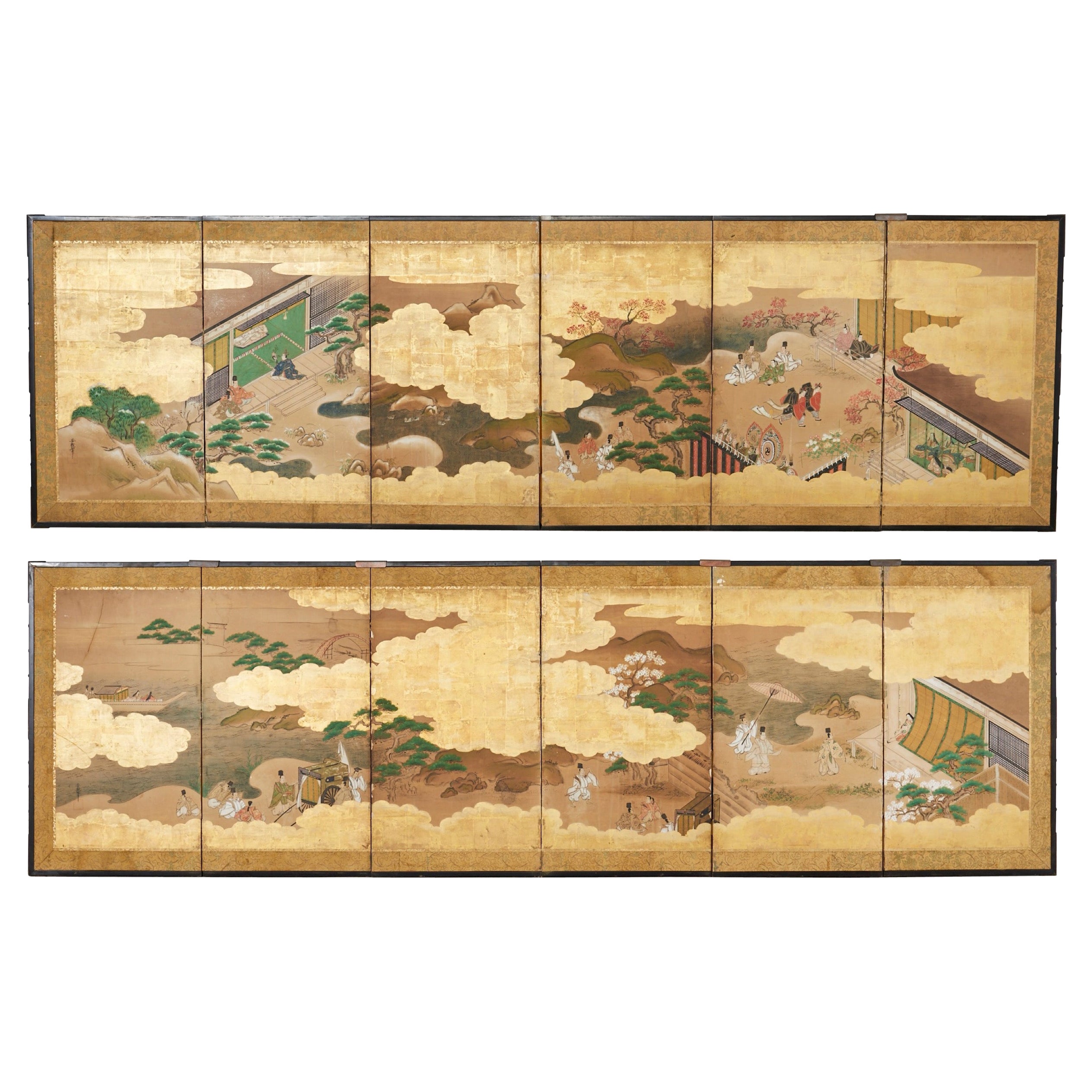 Paar japanische Showa-Raumteiler mit sechs Tafeln und Geschichten aus Genji