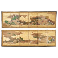 Paar japanische Showa-Raumteiler mit sechs Tafeln und Geschichten aus Genji