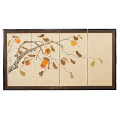 Vintage Japanese Showa Four Panel Screen Fall Persimmon Tree