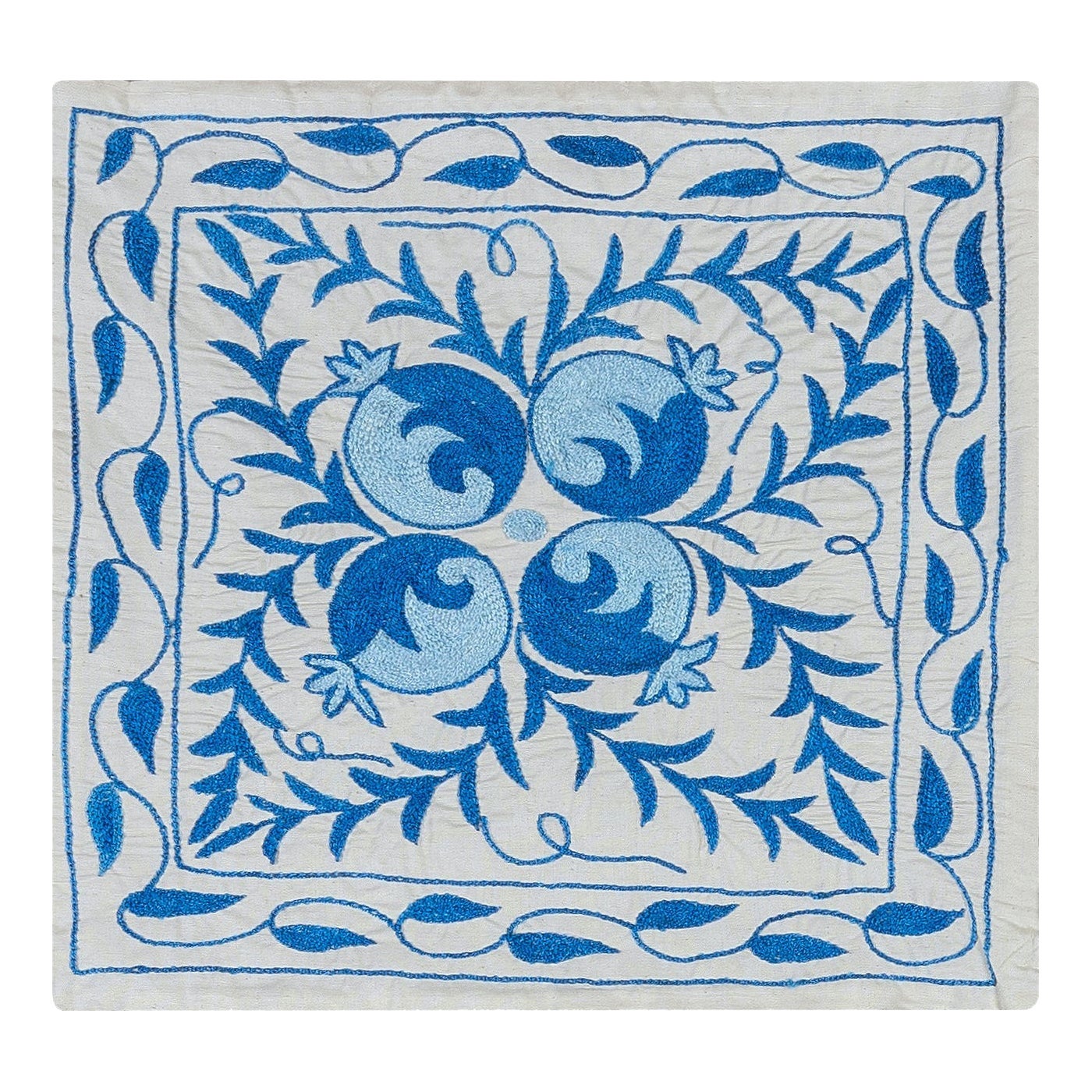 18"x19" Silk Embroidery Suzani Cushion Cover in Cream & Blue, Suzani Lace Pillow
