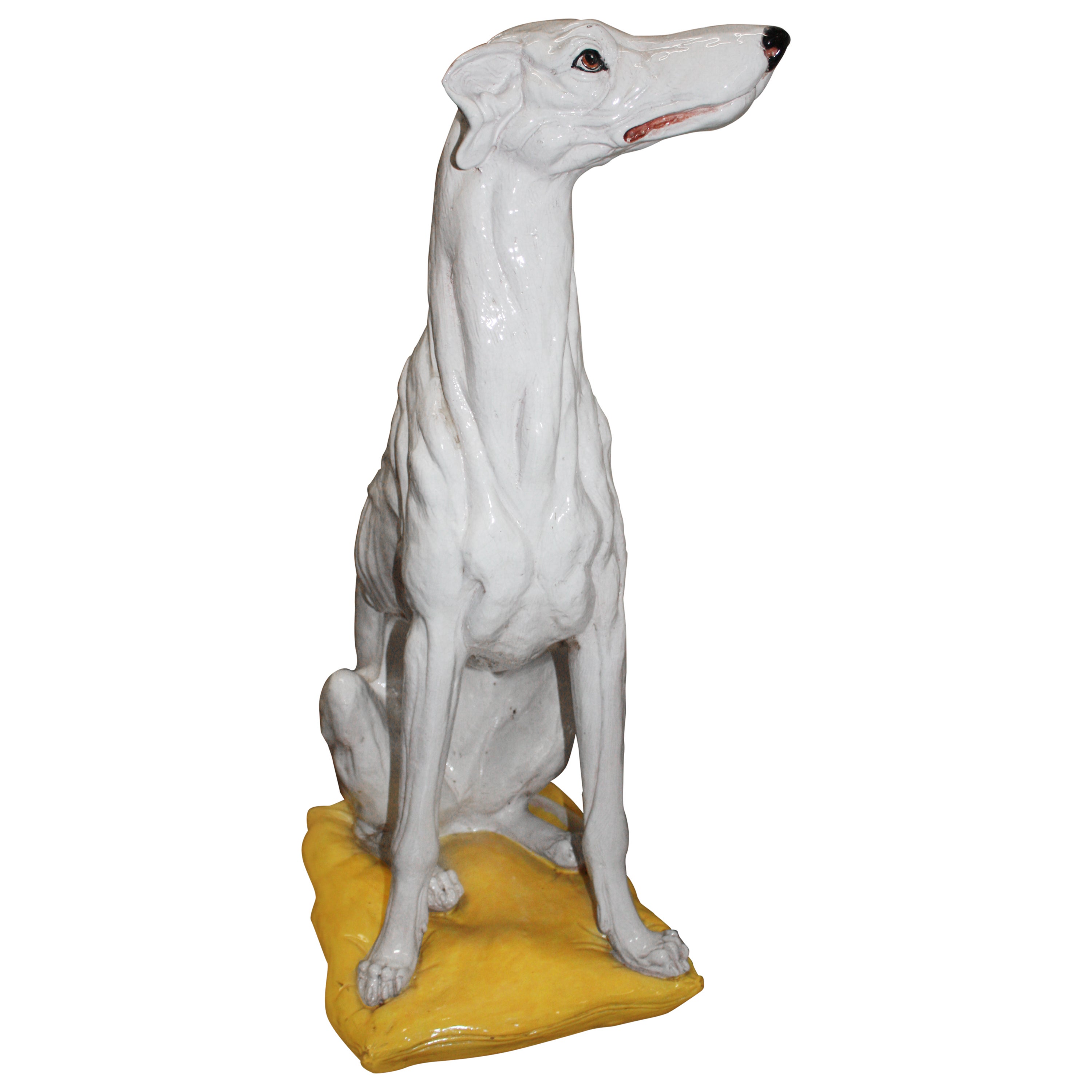 Italian Signed Grey White Ceramic Greyhound Dog Sculpture For Sale at