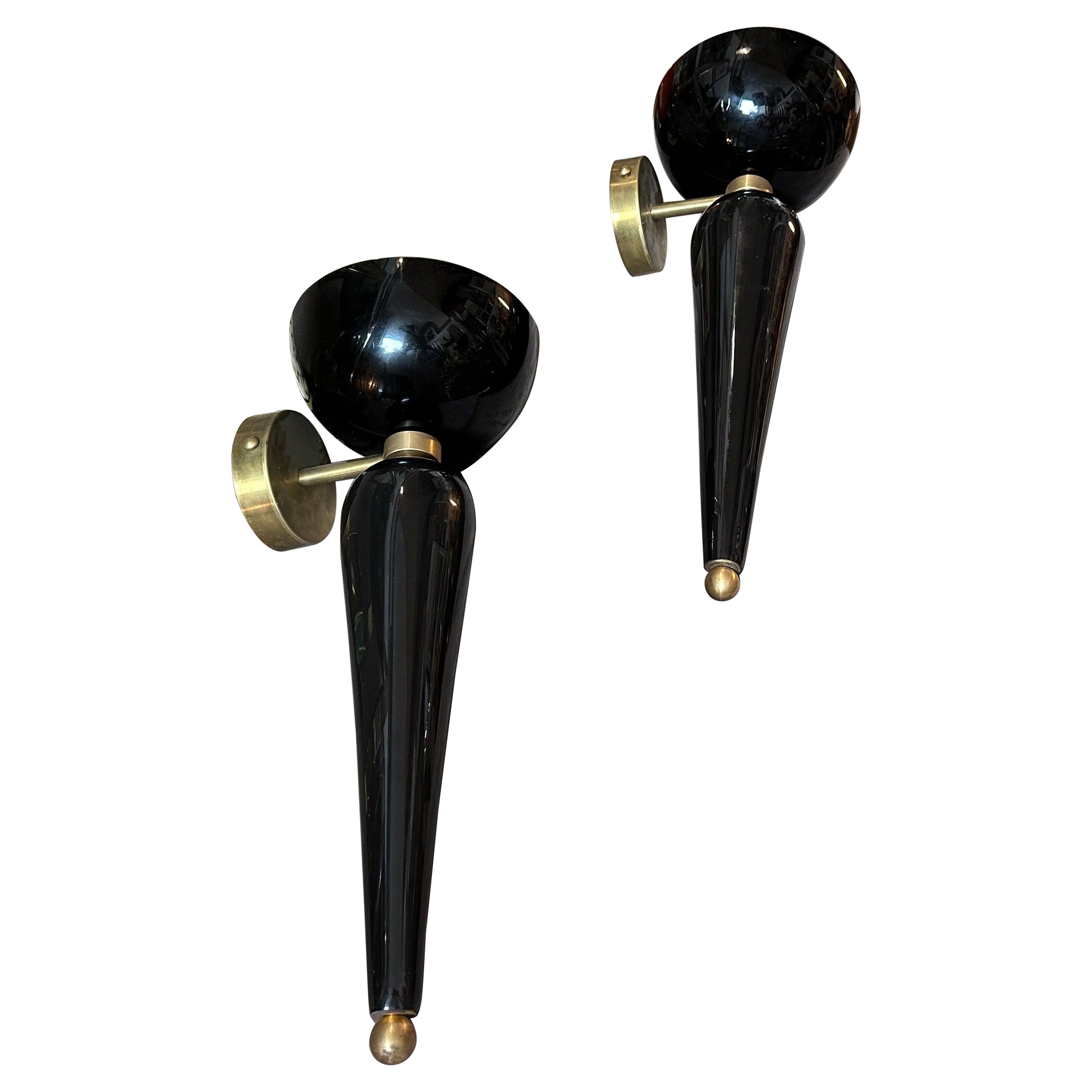 Two 1950s Art Deco Black and White Murano Glass and Brass Torchere Wall Sconces For Sale