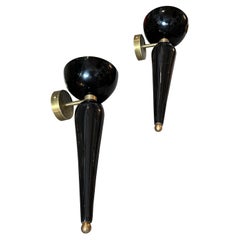 Vintage Two 1950s Art Deco Black and White Murano Glass and Brass Torchere Wall Sconces