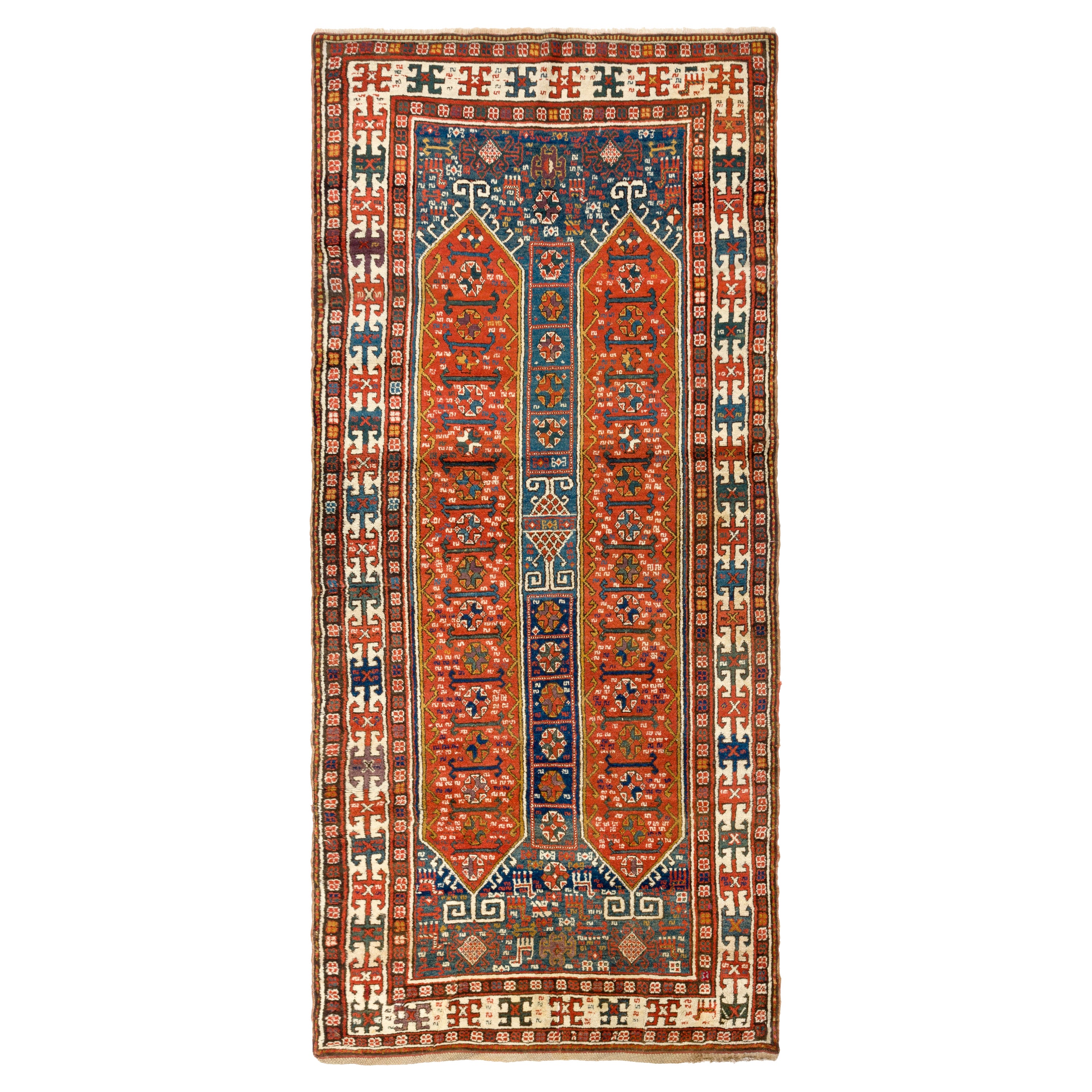 Tapis caucasien antique Karabakh à poils longs de 4,2 x 9,3 pieds, vers 1880 en vente
