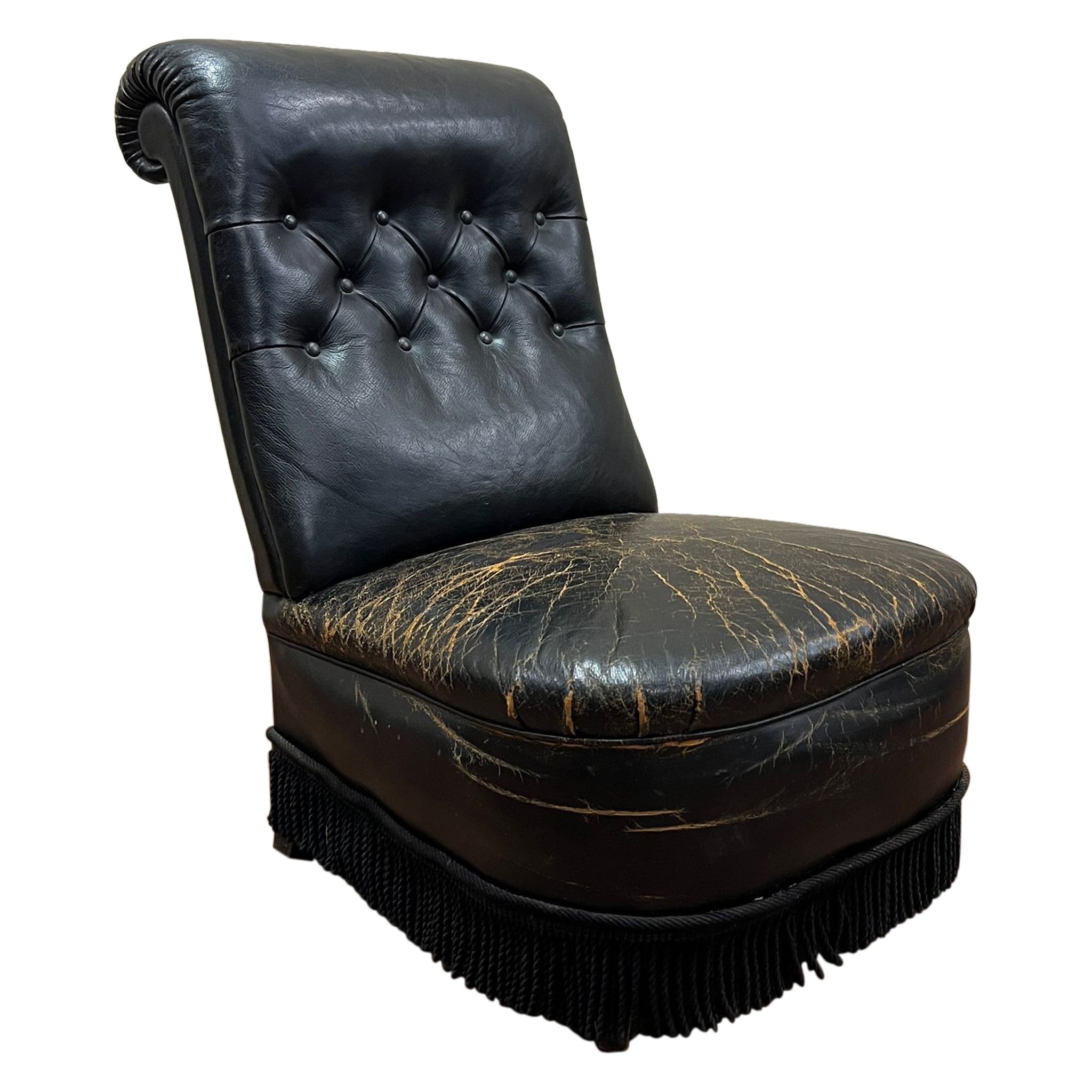 French Early 20th Century, Black Leather Slipper Chair For Sale