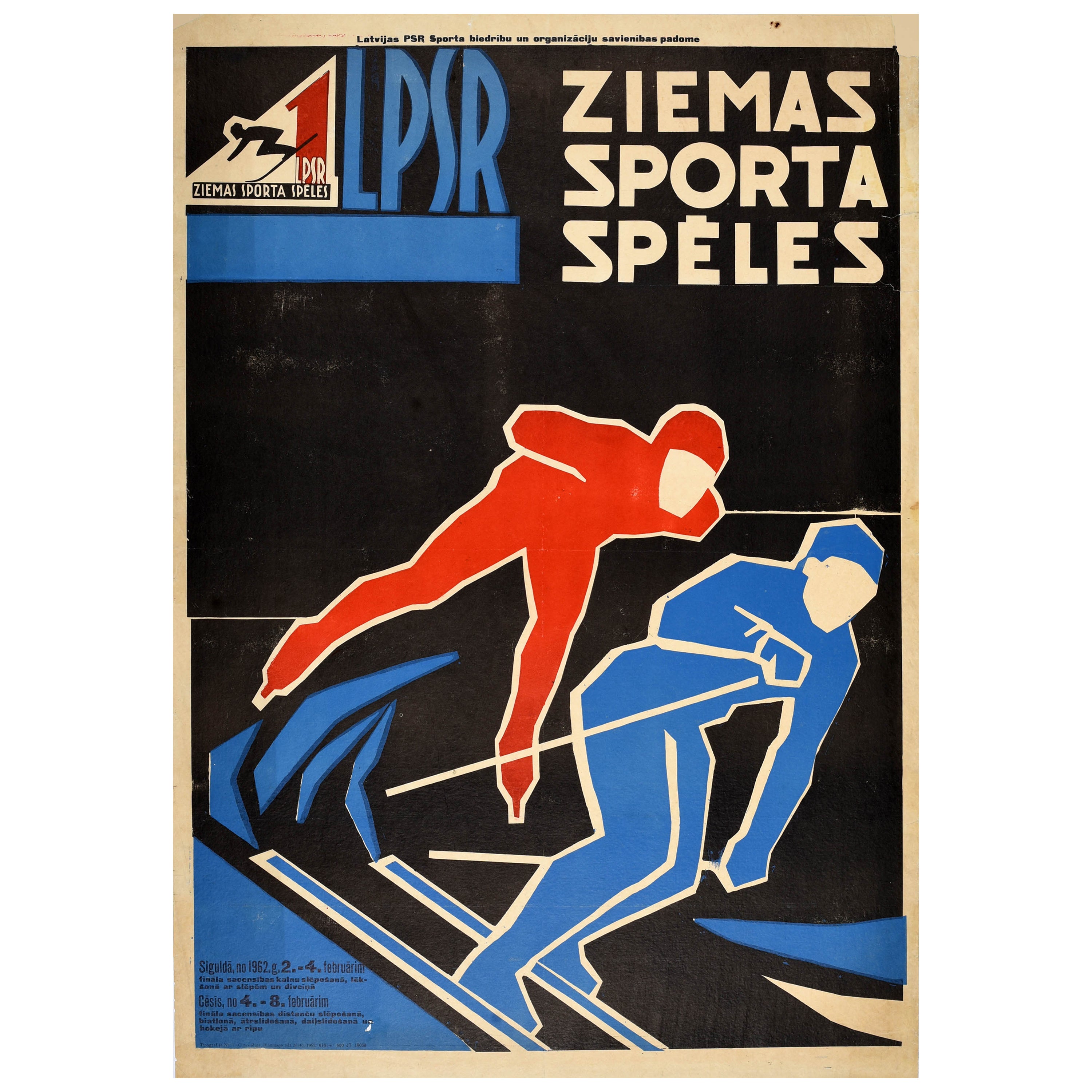 Original Vintage Soviet Sport Poster Winter Sports Games Latvia USSR Ice Skating For Sale