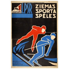 Affiche de sport soviétique originale des Jeux d'hiver de Lettonie, URSS, patinage sur glace