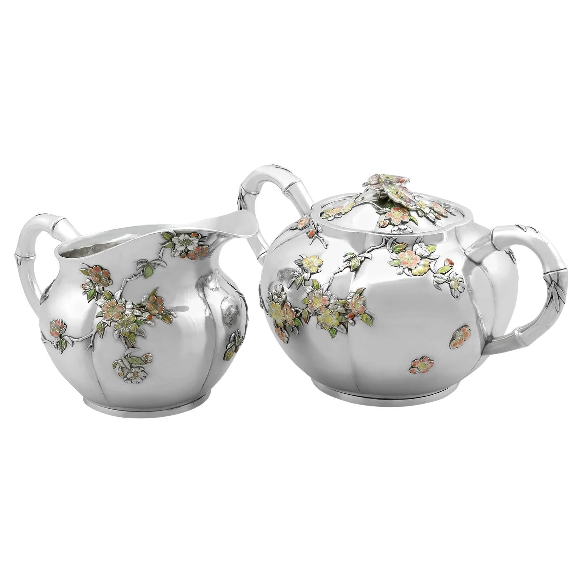 Jarra y Azucarero Japoneses Antiguos de Plata y Esmalte Circa 1890