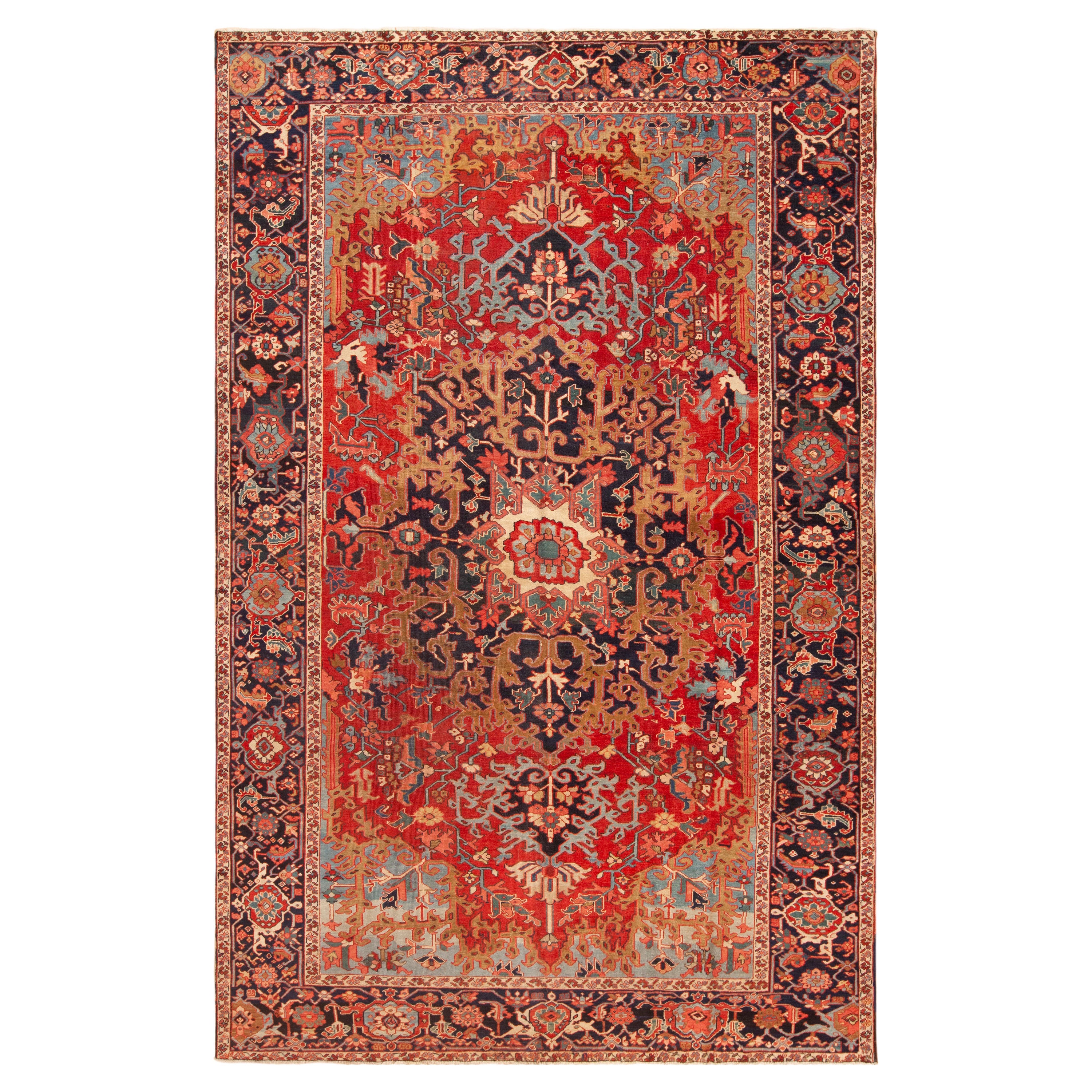 Intricate Antique Geometric Medallion Persian Heriz Rug 8'6" x 12'9" For Sale
