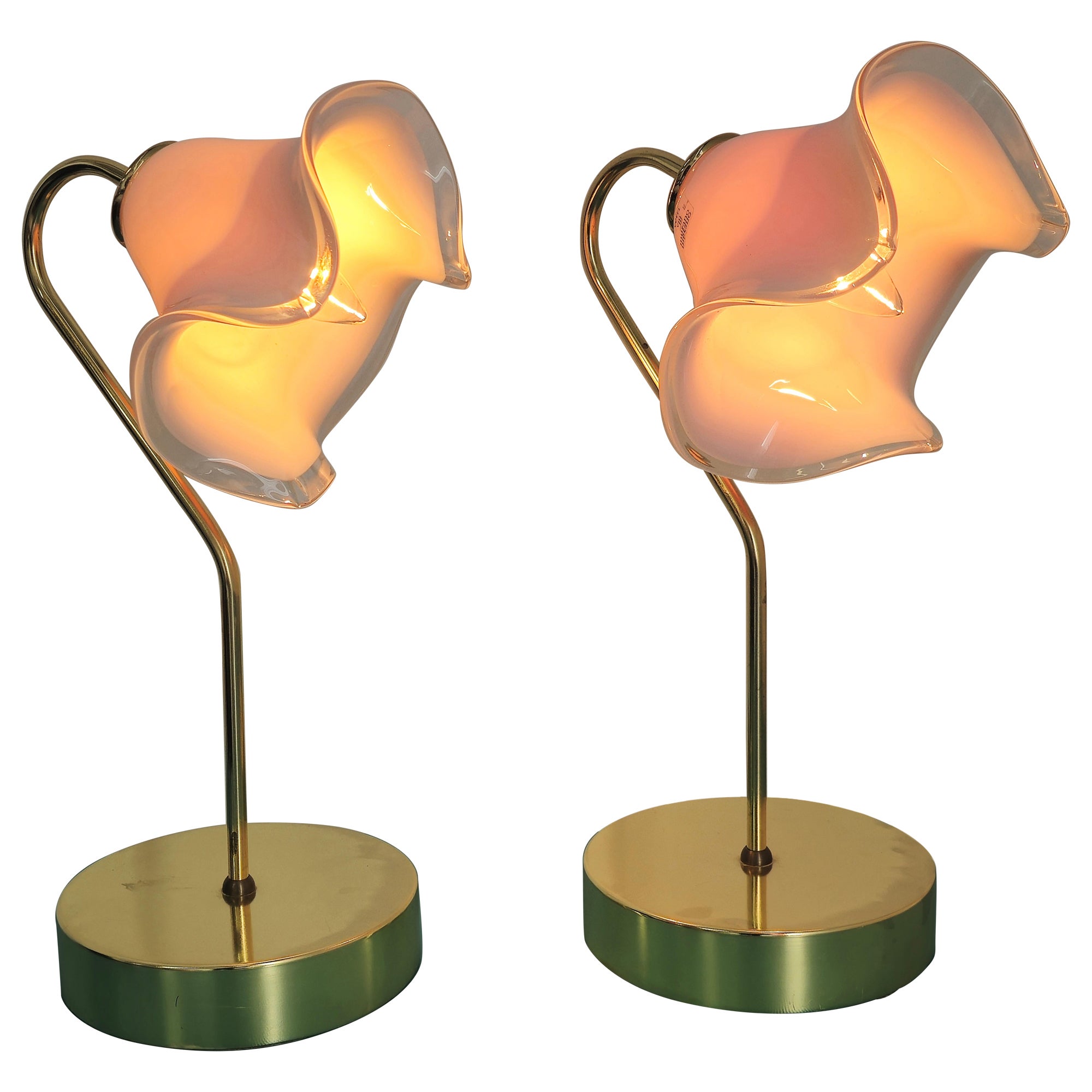 A Pair of Pink Murano Art Glass and Brass Floral Table Lamps For Sale