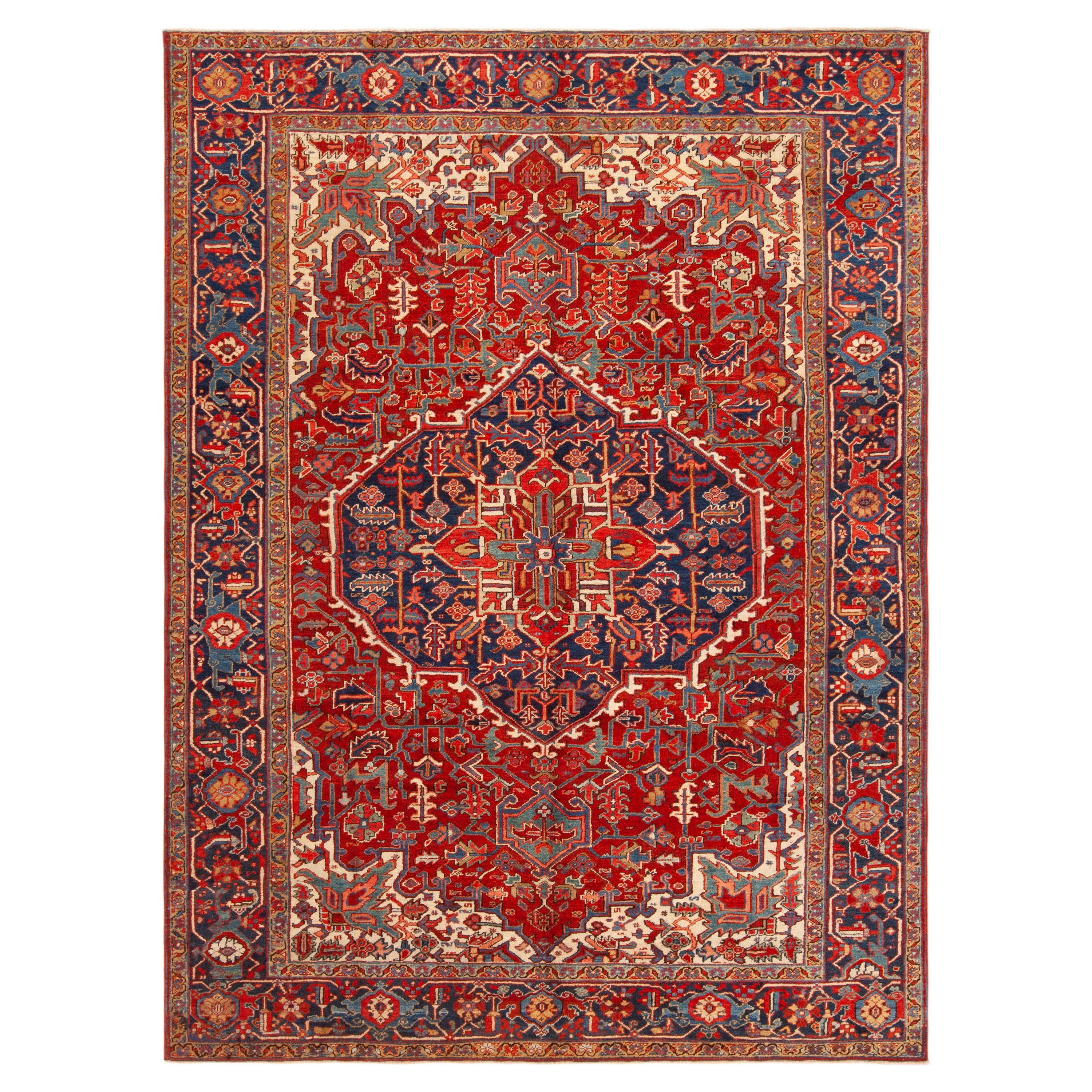Magnifique tapis persan Heriz à médaillon géométrique rouge antique 8'7" x 11'4"