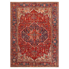 Magnifique tapis persan Heriz à médaillon géométrique rouge antique 8'7" x 11'4"