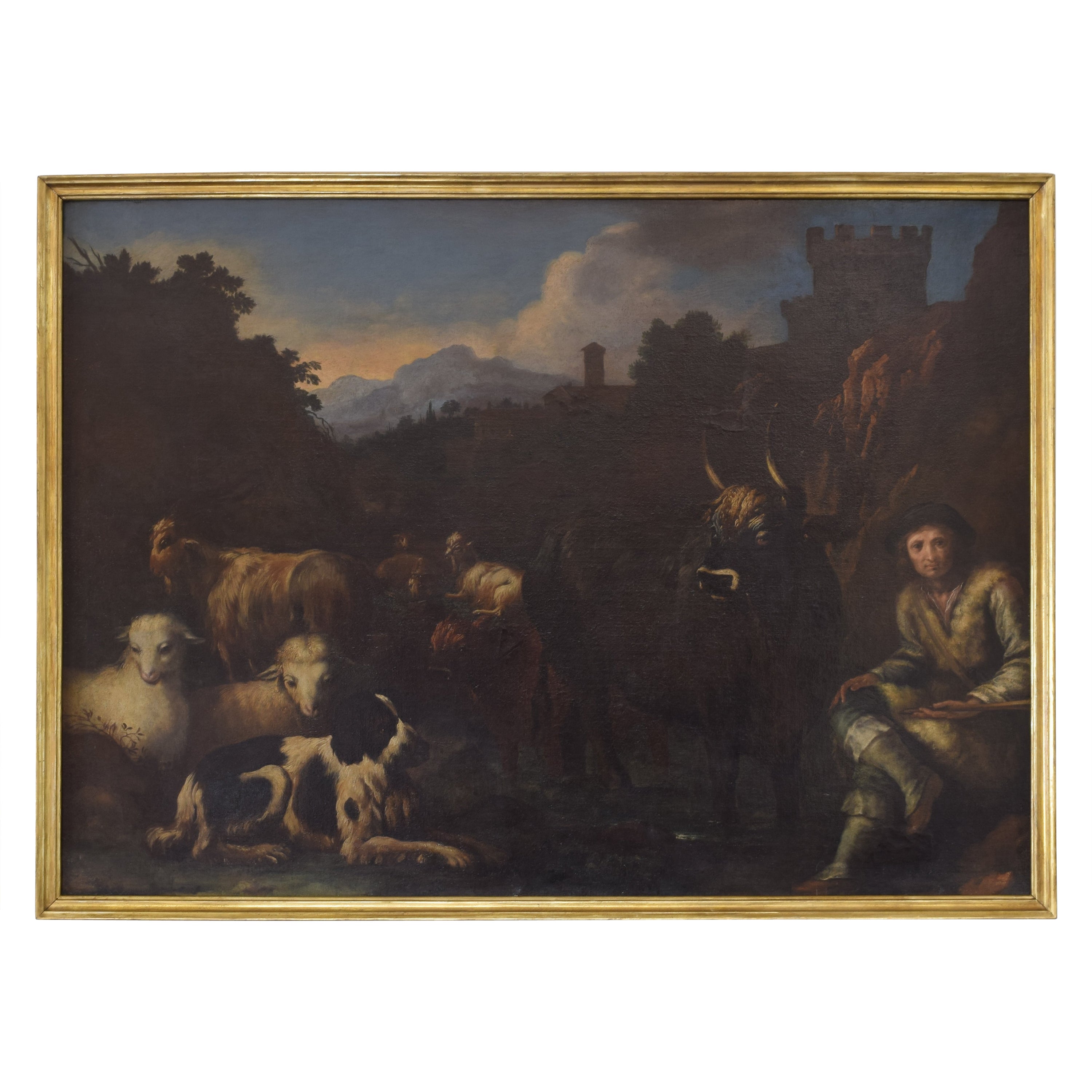Italian, Tivoli, Oil on Canvas, "Shepherd Among Flock Outside City Walls"