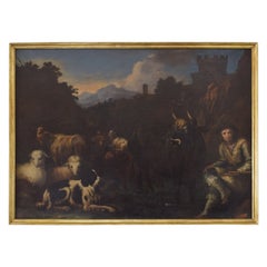 Italian, Tivoli, Oil on Canvas, "Shepherd Among Flock Outside City Walls"