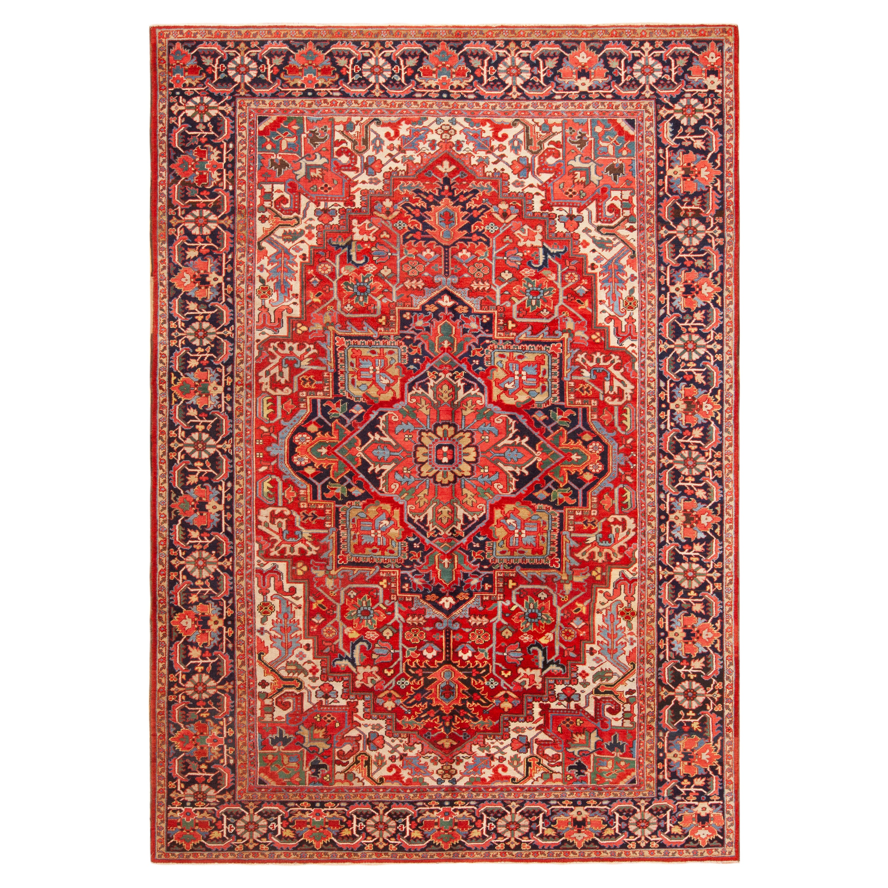Tapis persan Heriz antique extrêmement impressionnant à médaillon rouge 8'9" x 12'1"