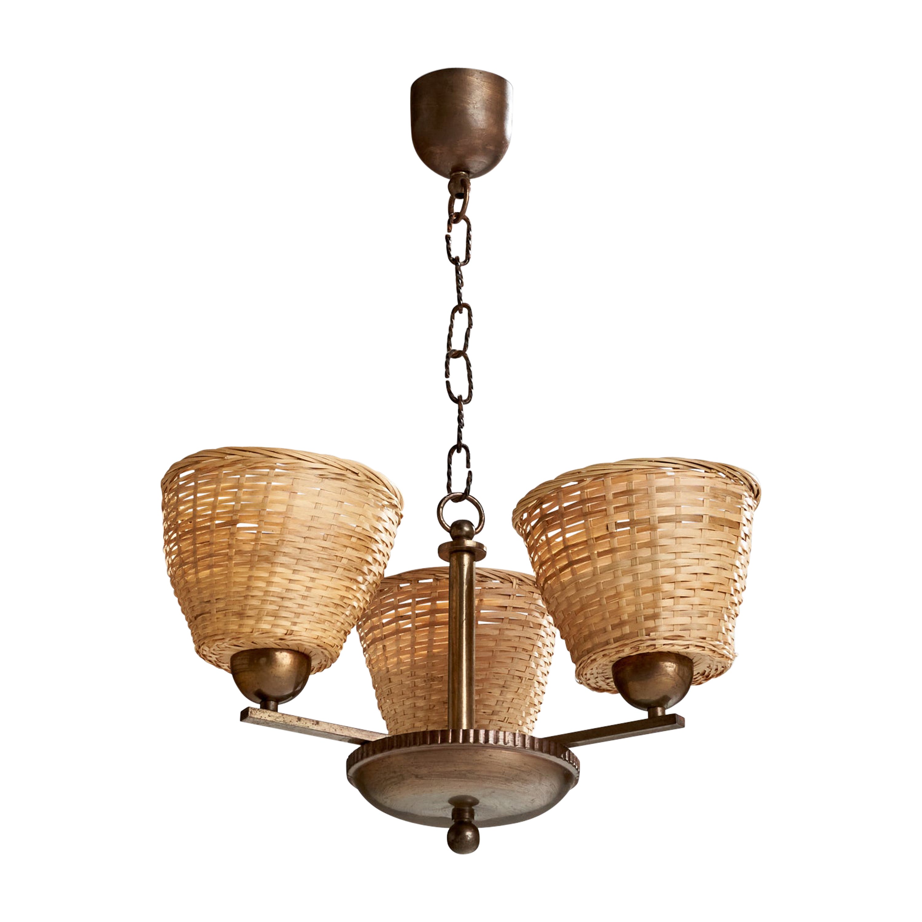Paavo Tynell, Chandelier, Brass, Rattan, Finland, 1930s For Sale
