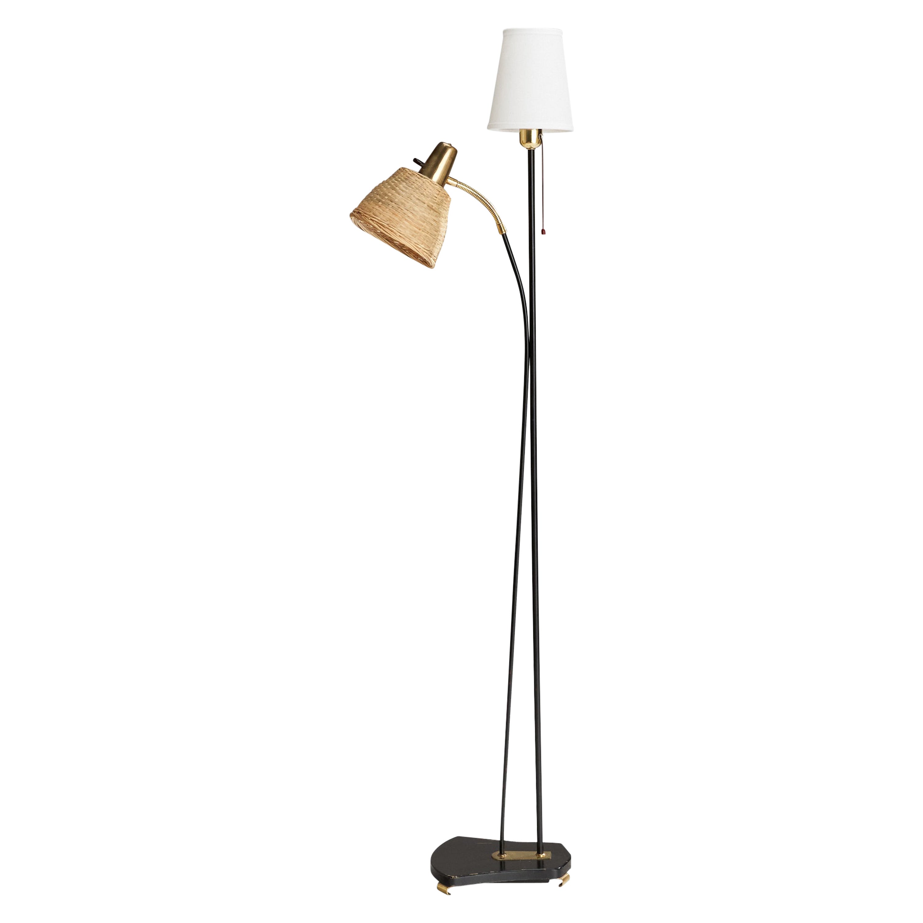 Eskilstuna Elektrofabrik, Floor Lamp, Brass, Metal, Rattan, Fabric, Sweden, 1950