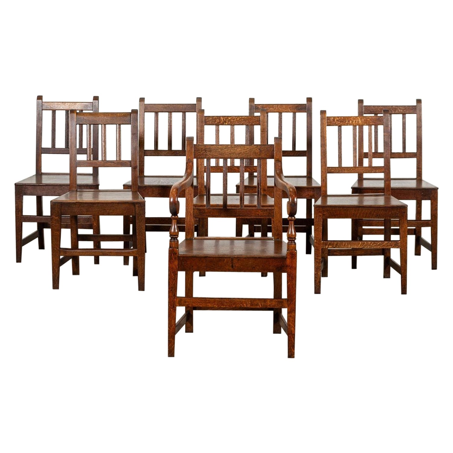 Ensemble de 8 chaises en chêne vernaculaire anglais du 19ème siècle en vente